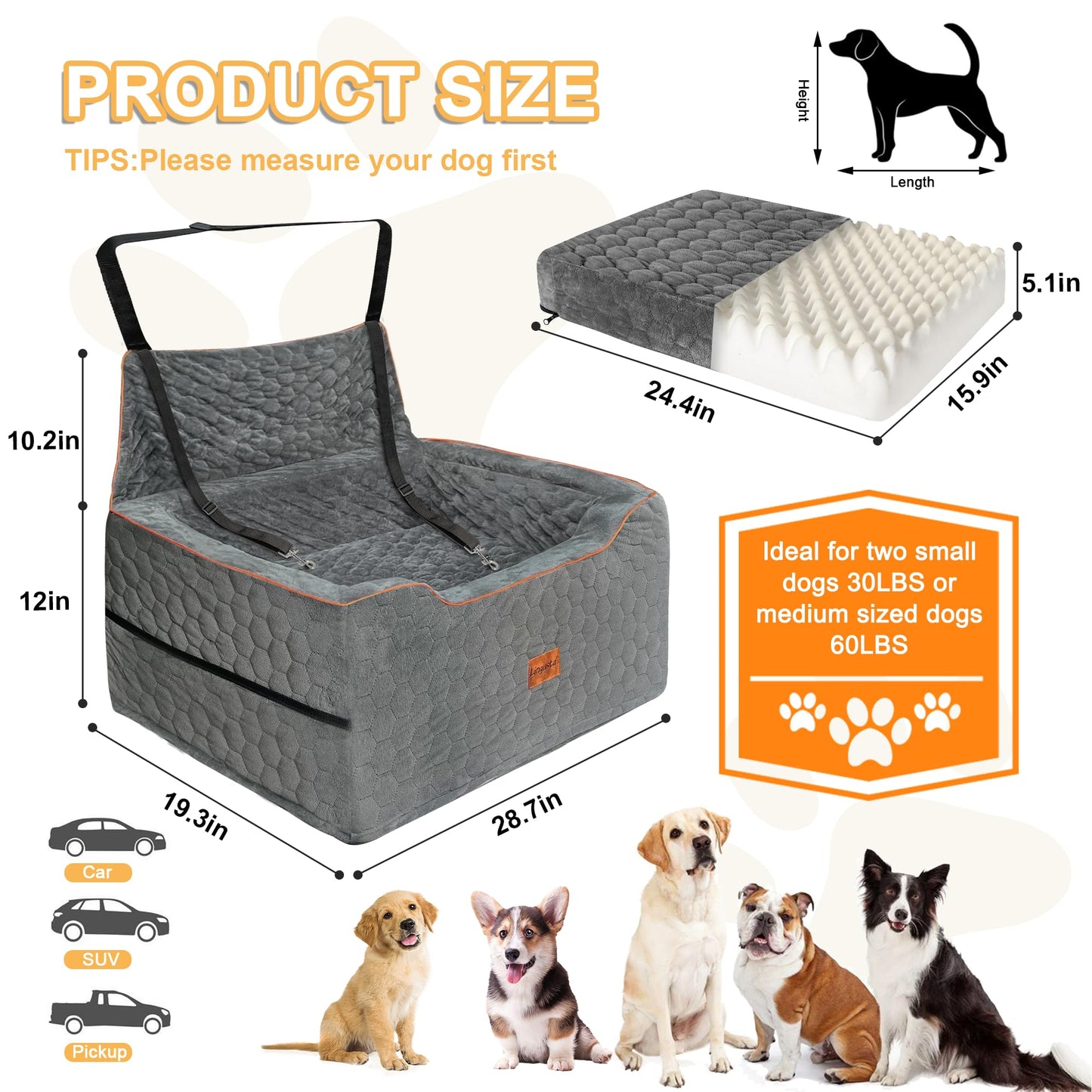 Dog Car Seat for Medium/Large Dogs, Booster Car Seats for Under 60 lbs or 2 Small Dogs, Elevated Pet Car Seat with Storage Pockets and Belt(Grey)