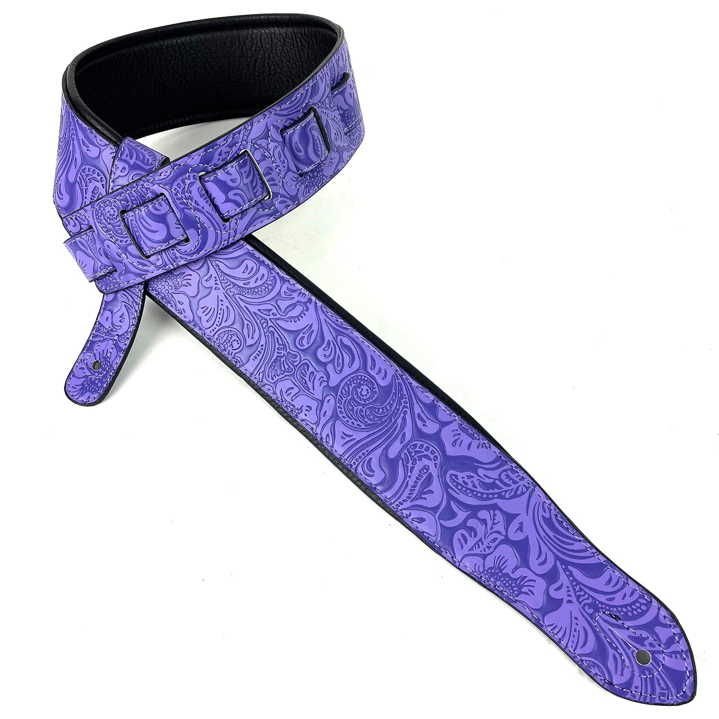 Walker And Williams G-972 Bright Irish Violet Embossed Floral Guitar Strap with Padded Back For Acoustic, Electric, And Bass Guitars, Irish Violet Purple, Regular