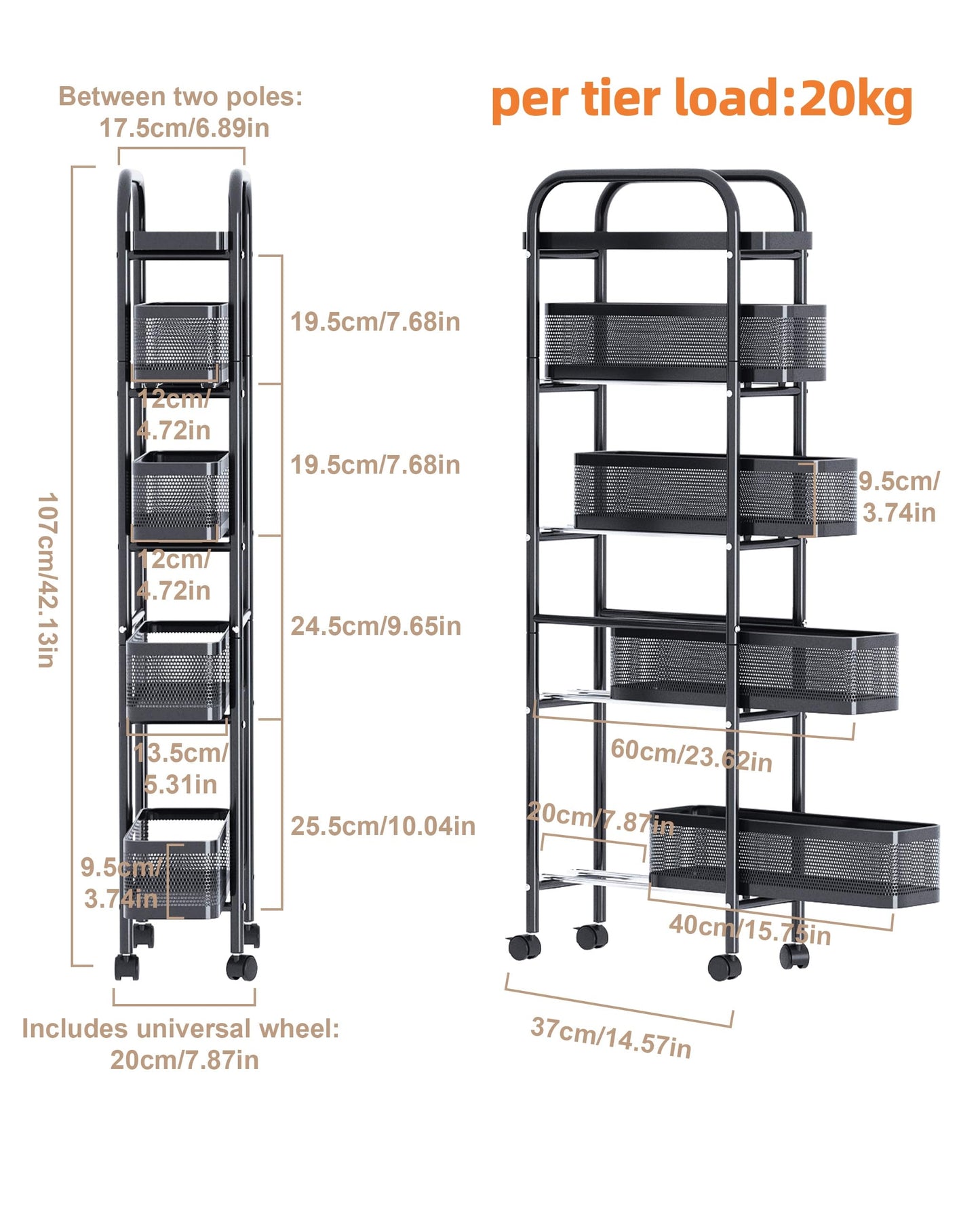 UMDONX 5 Tier Rolling Cart with Pull Out Basket, Premium Metal Slim Storage Cart on Lockable Wheels, Utility Kitchen Organizer for Onion Potato Snack, Narrow Shelving Unit Pantry Wire Shelf, Black