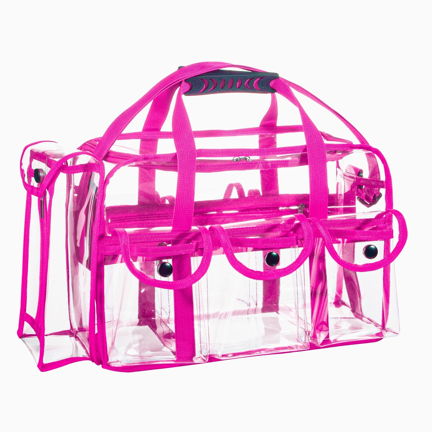 Wide Mouth Large Professional Clear PVC Travel Makeup Artist Set Bag Cosmetic Nails Beauty Bag Transparent Vinyl Tool Organizer Work Bag Beach Bag Diaper Bag with 6 External Pockets & Strap, Pink
