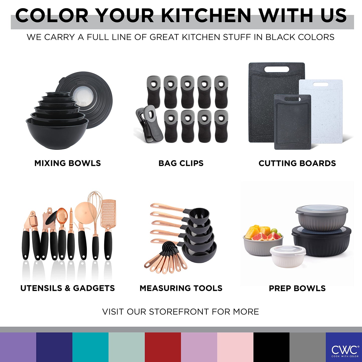 Cook with Color Mixing Bowls with Lids - 12 Piece Plastic Nesting Bowls Set Includes 6 Prep Bowls and 6 Lids, Non Slip Bottom and Embossed Design - Microwave Safe (Black)