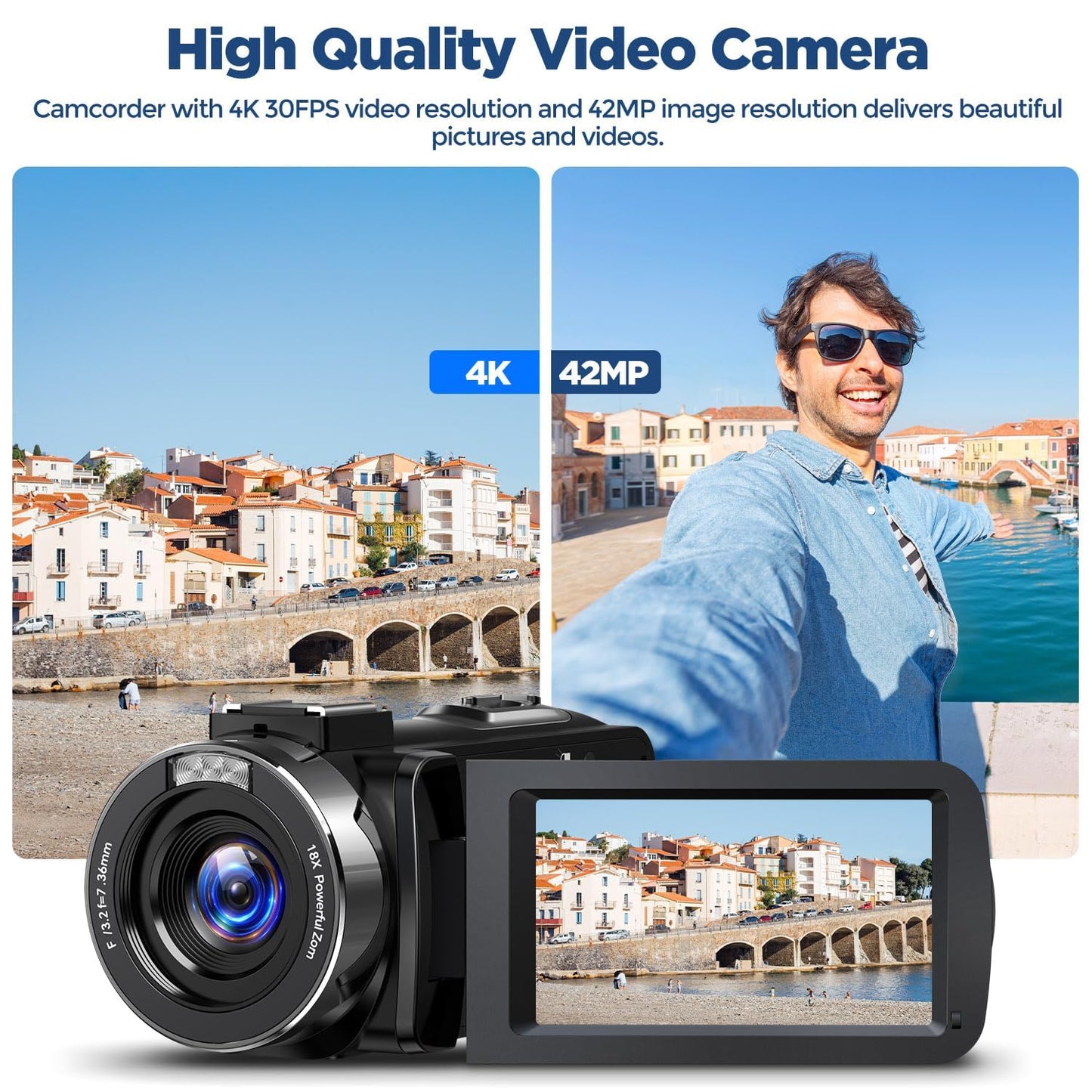 Camcorder 4K 30fps Video Camera 42MP YouTube Vlogging Camera 18x Digital Zoom Cam Corder with 3.0" 270° Rotation Screen Remote Control 32G SD Card 2 Batteries for Wedding Travel