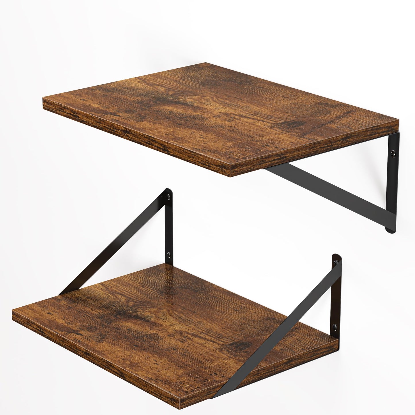 Rustic Brown Floating Shelves for Wall, 16W x 12D Inch Wood Wall Shelves Set of 2, Wide Floating Bookshelf for Living Room, Kitchen, Office, Bedroom Storage & Decoration with Metal Bracket