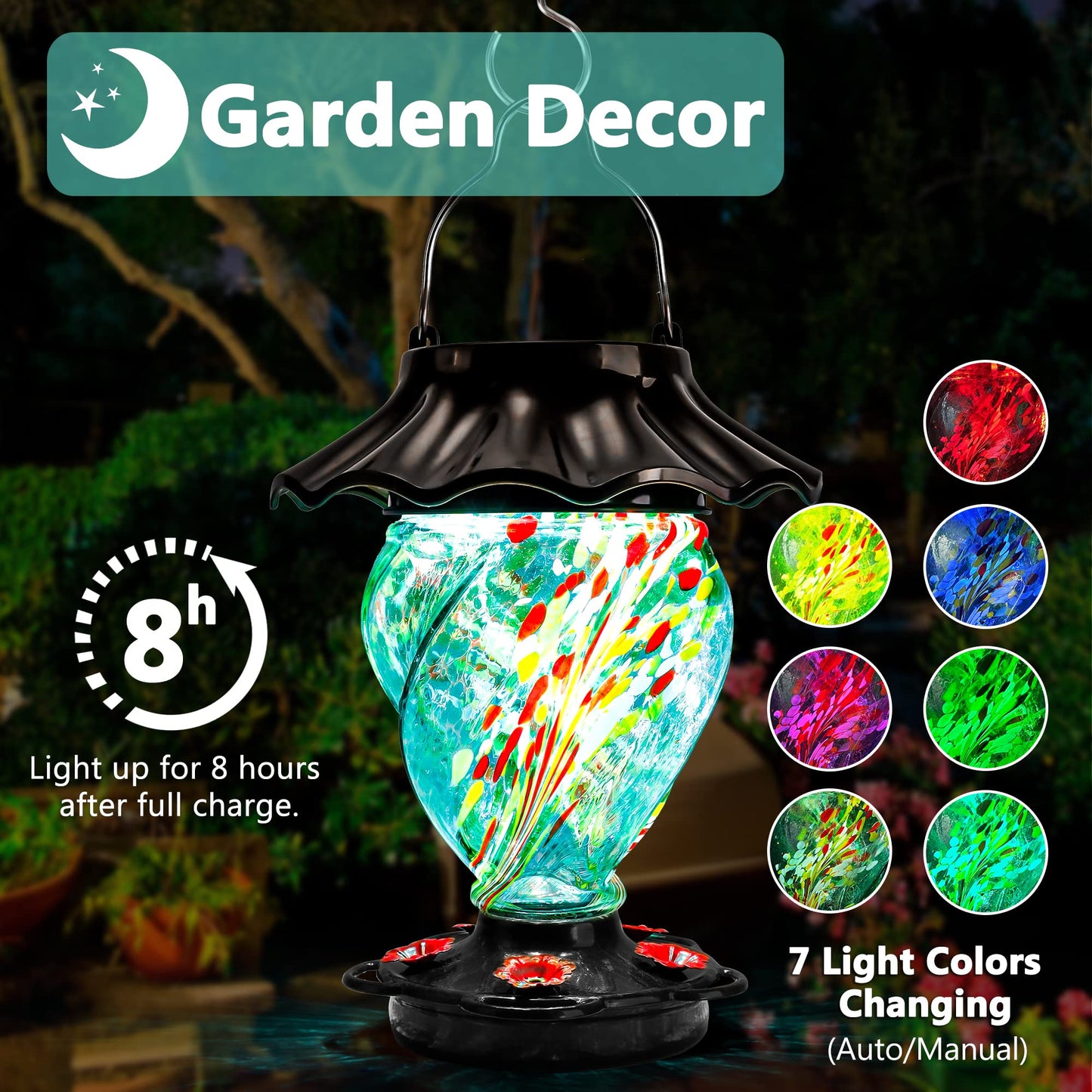 LUJII Solar Powered Hummingbird Feeder for Outside, Hand Blown Glass, Never Leak, Waterproof, Metal Base Top, Lighted Lantern for Garden Decoration, Unique Gift for Bird Lovers, Teal