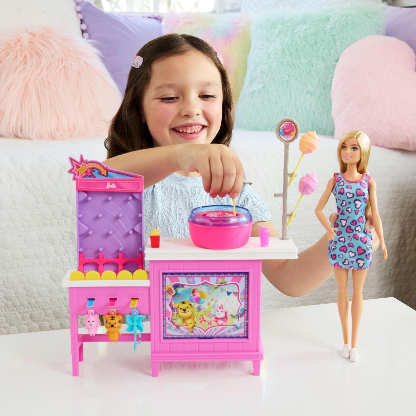 Barbie Mysteries: Beach Detectives Barbie “Malibu” Doll & Cotton Candy Game Booth Playset with 20 Accessories Including Prizes