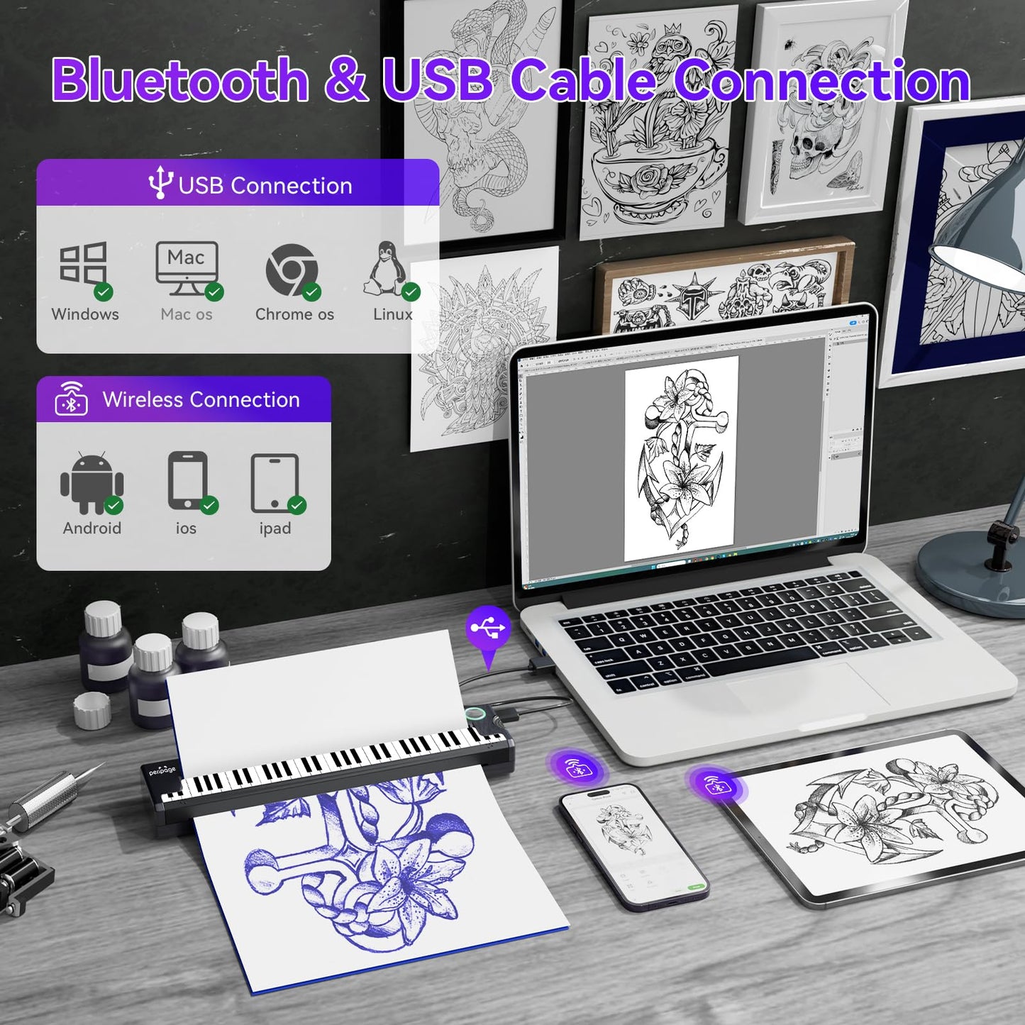 Tattoo Thermal Printer,Bluetooth Tattoo Stencil Machine, Portable Tattoo Transfer Printer Compatible with Phone, iPad & PC, Suitable for Tattoo Enthusiasts