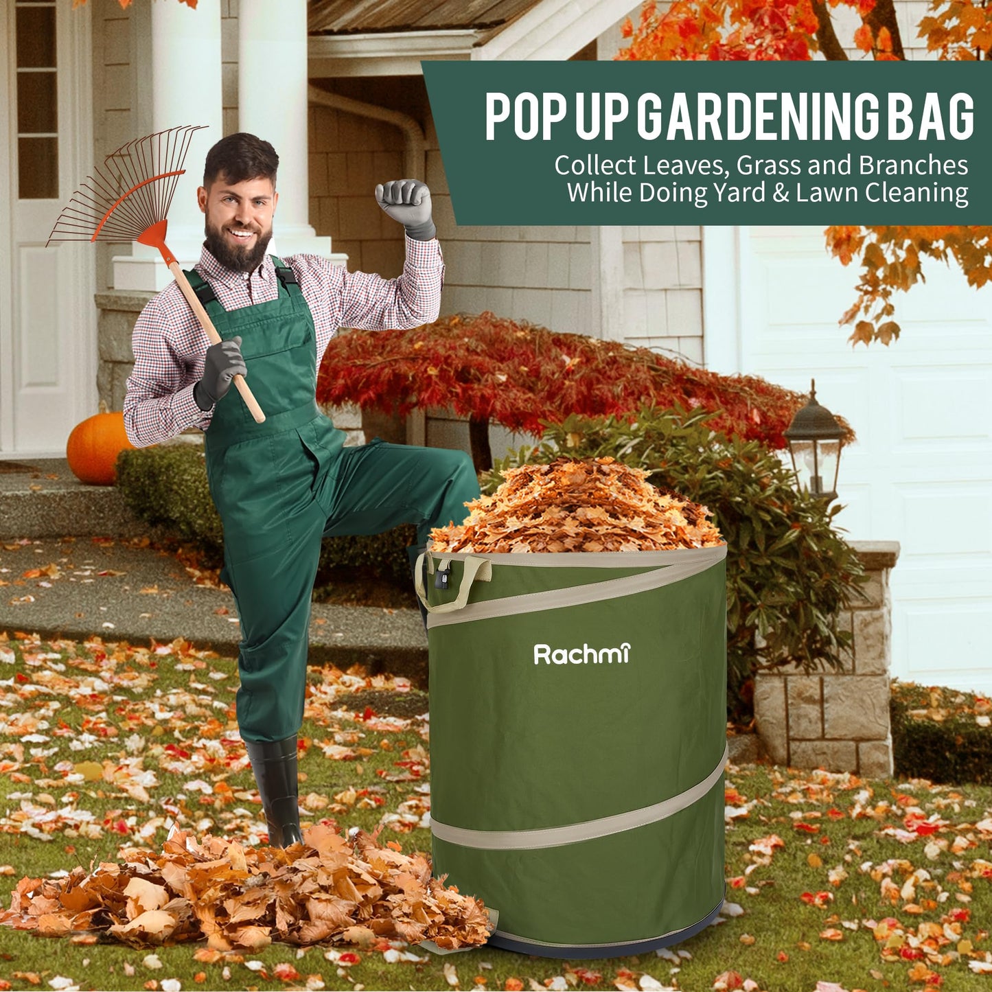 Rachmi 47 Gallon Collapsible Pop Up Trash Can with Hard Bottom 2-Pack | Reusable Outdoor Garden Waste Bag Yard Leaf Basket Recycle Bin for Party Camping | Large Toys Balls Storage Container, Green