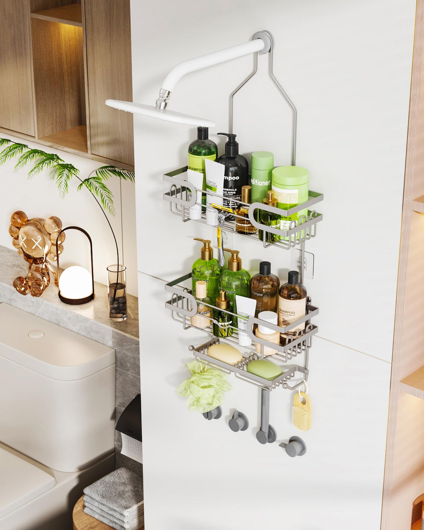 HapiRm Shower Caddy Hanging - 3 Tier Over Head Shower Caddy No Drilling, Bathroom Organizers with 2 Soap Holder & 12 Hooks, Bathroom Shelf Organizer for Shampoo, Soap, 12.6 x 4.7 x 28in