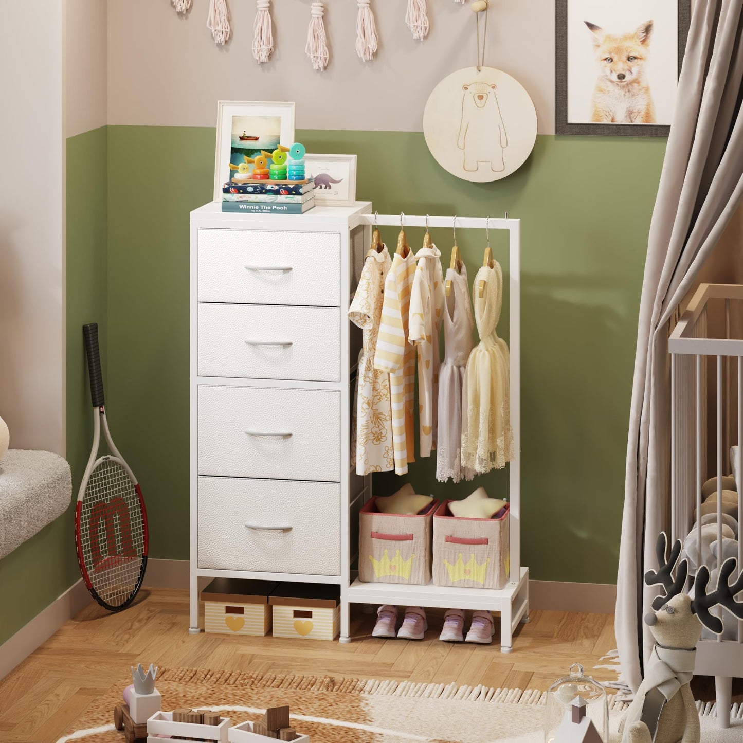 HIGDBFE Dresser with Hanging Rack, 4 Drawers Small Closet for Bedroom, Reversible Fabric Chest of Drawers with Clothes Rack, Tall Storage Tower, Sturdy Frame, White, 43.5''H
