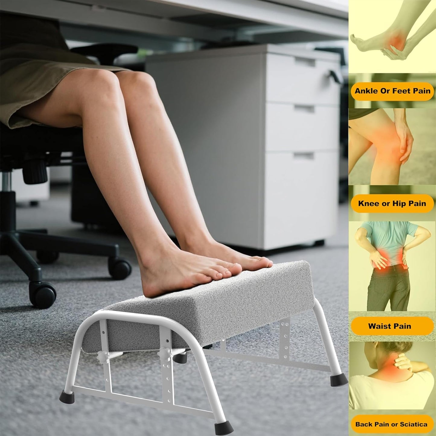 Flixorate Foot Rest for Under Desk at Work, 10-Level Height Adjustable Ergonomic Foot Stool with Removable Soft Memory Foam Pad, Office & Gaming Desk Accessories for Leg Support(White)