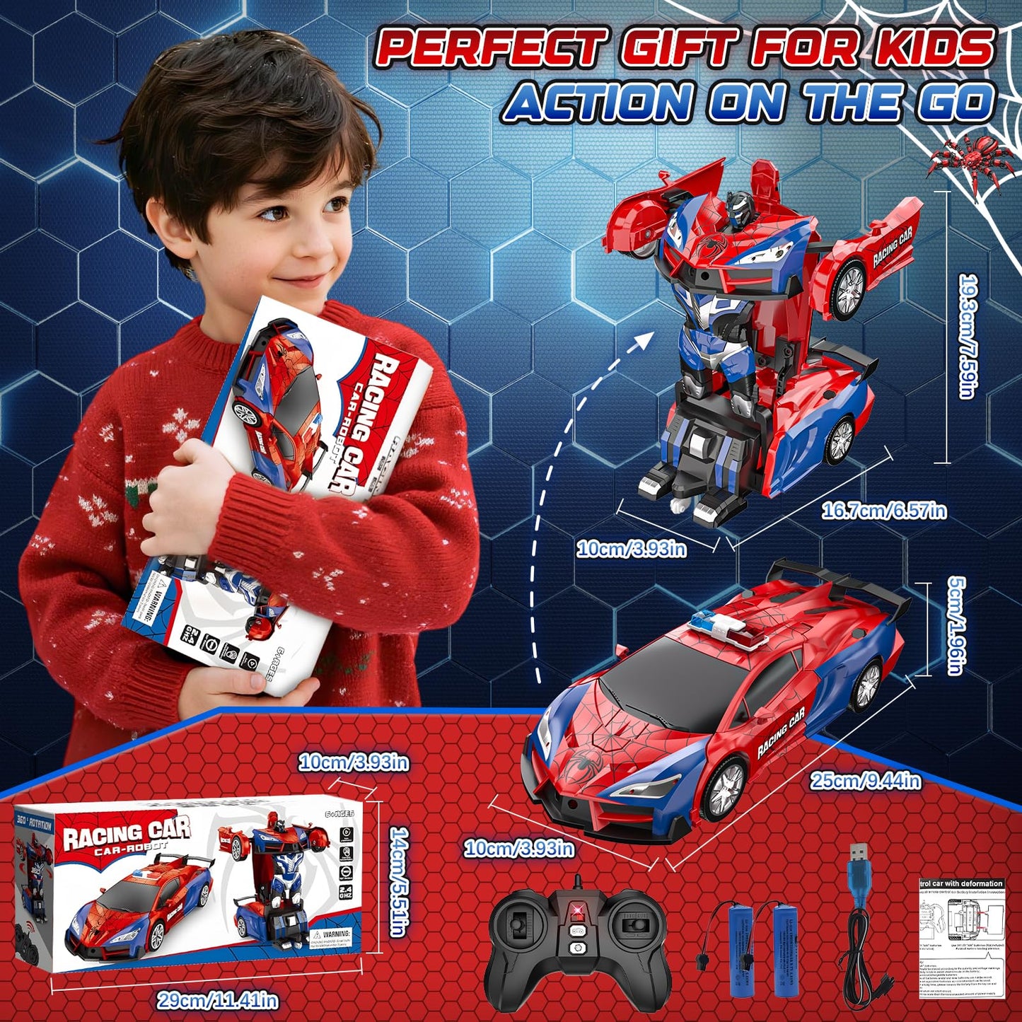 Spider Transform Remote Control Cars for Kids - 2.4GHz RC Police Car for 3 4 5 6 7 8 Year Old Boys, 1:18 Scale Robot Toy Car with One-Key Transformation & 360° Rotation, Kids Christmas Birthday Gifts