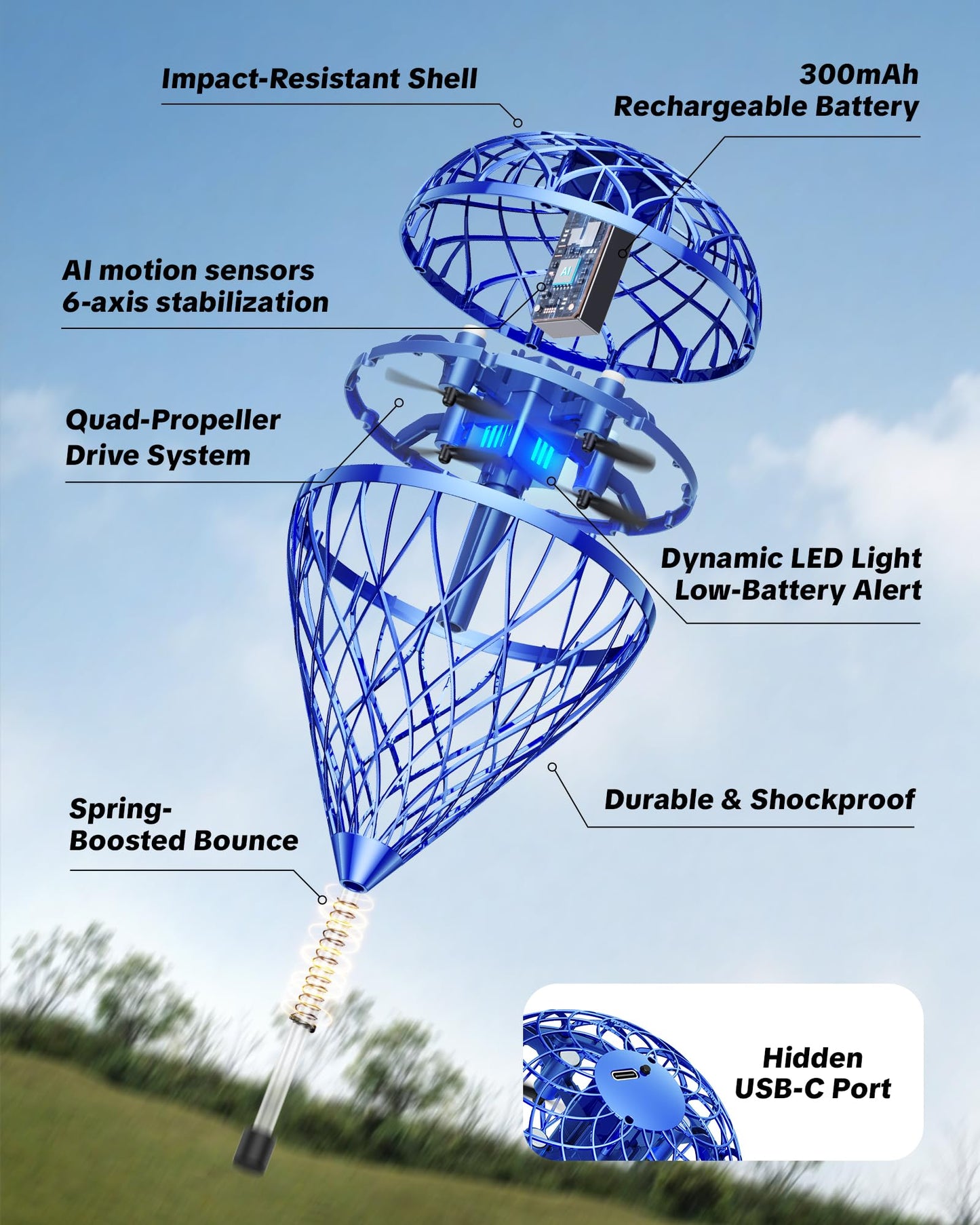 Flystars Flying Bouncing Toys, Next-Gen Pro 2025 Cosmic Globe Flying Orb Ball Motion-Control Hover Spinner with 3D Flips, Cool Interactive Gift Toy for Kids 6+ Boys Girls Teens (Blue)