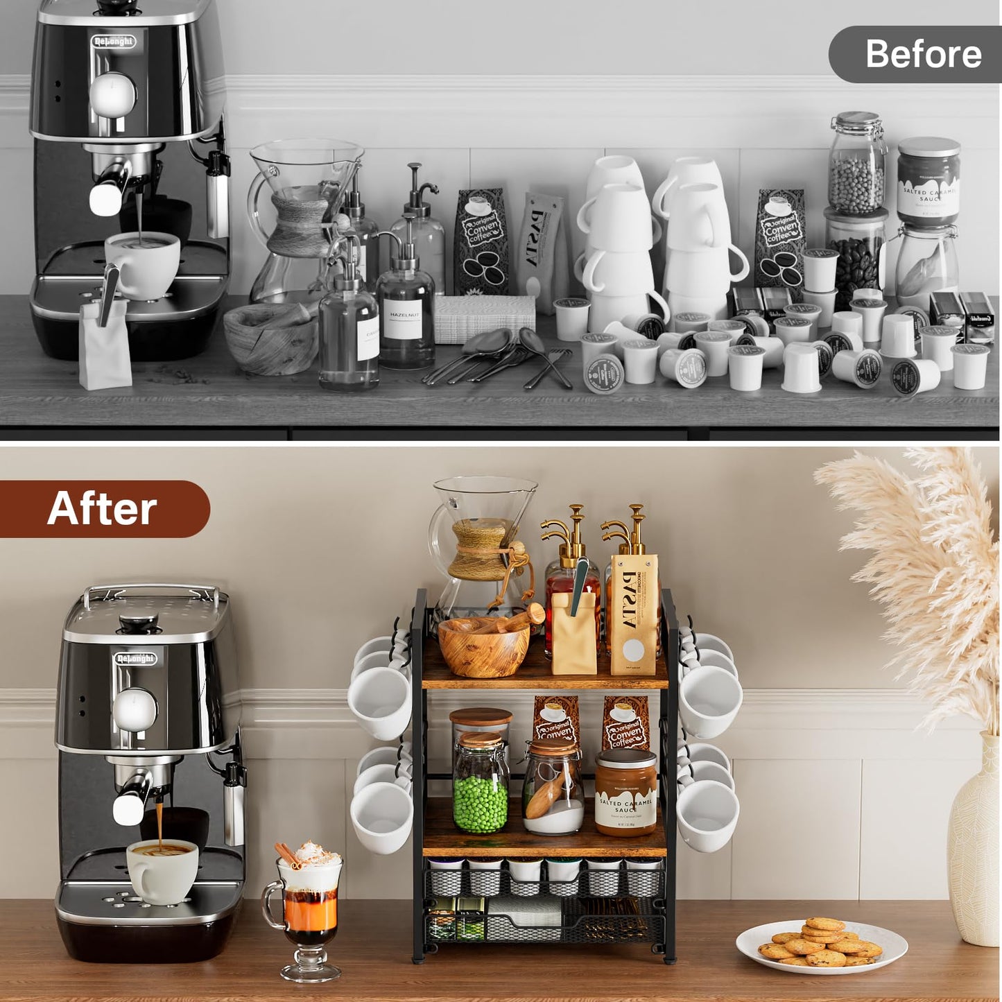 Plaviya Coffee Bar Organizer Countertop Station Shelf, 4 Tier Mug Cup Holder Stand with 12 Hooks, 60 K Cup Coffee Pod Drawer, Multifunctional Coffee Shelf Organizer for Accessories Station Kitchen