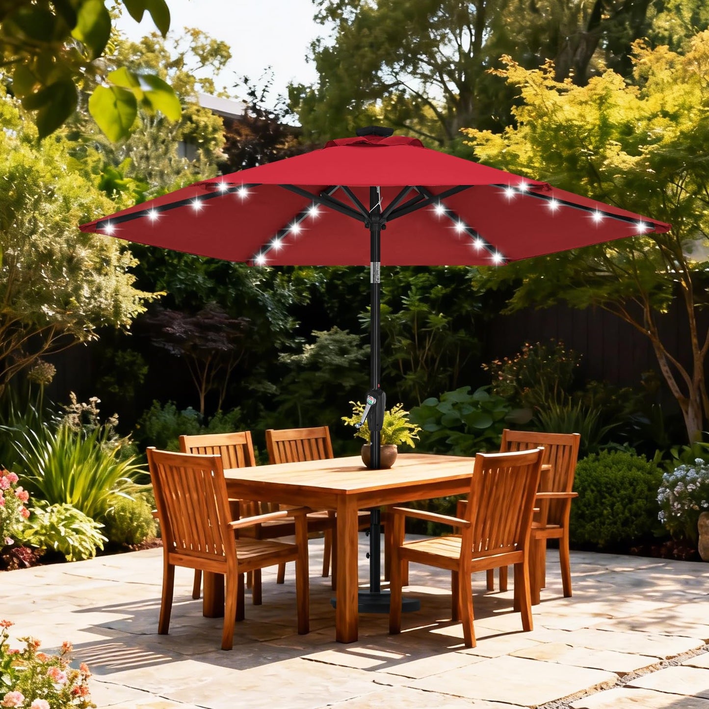 ABCCANOPY Durable Solar Led Patio Umbrellas with 24LED Lights 7.5FT with 6 Sturdy Ribs(Burgundy)