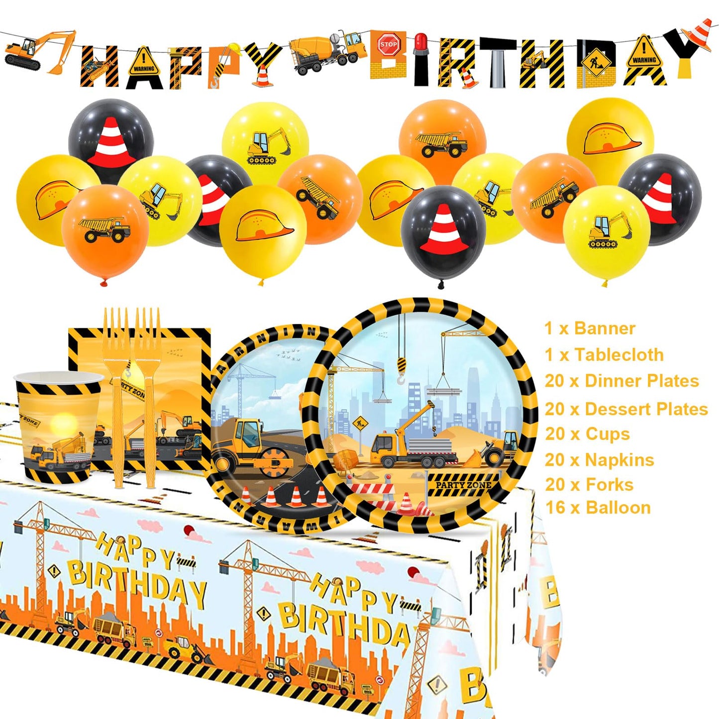 Construction Birthday Party Supplies Serve 20 Construction Theme Tableware Set Dump Truck Plates Napkins Cups Forks Knives Banner Tablecloth Construction Party Decorations Kids Birthday Party Supplies