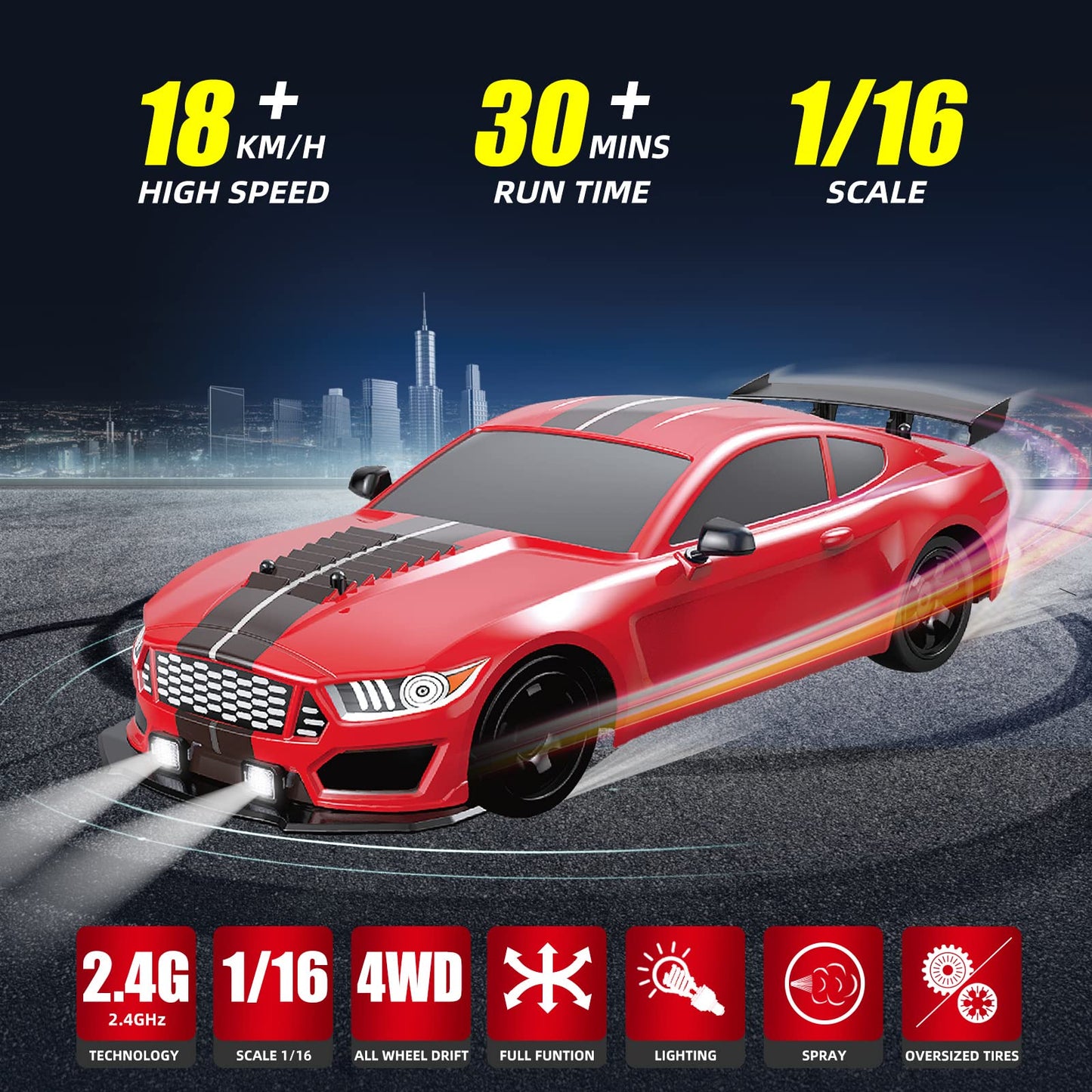 Sakeye RC Drifting Car 2.4GHz 1:16 4WD Remote Control Cars High Speed RC Cars with LED Lights Two Batteries and Drifting Tires Racing Sport Toy Cars for Adults Boys Kids Gift