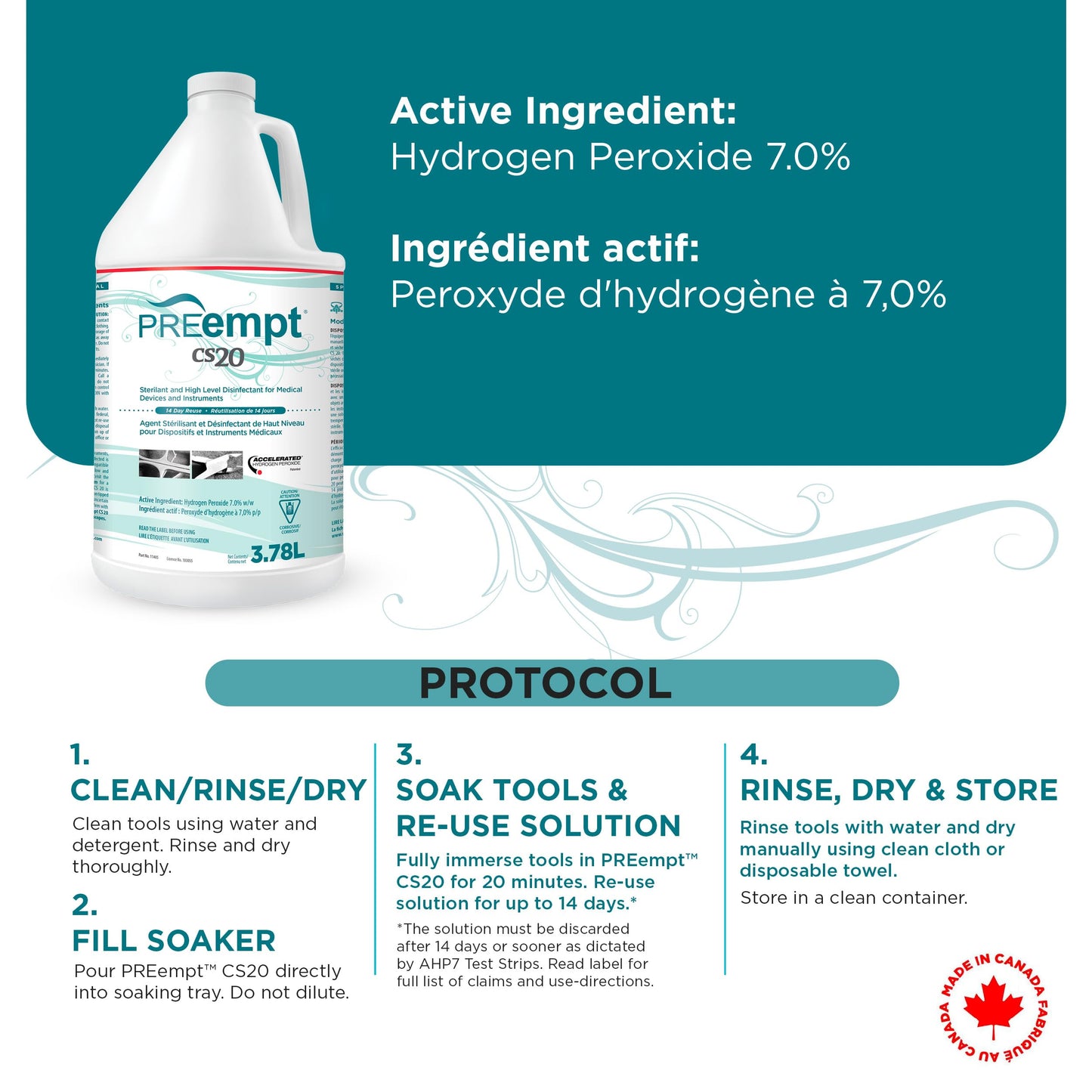 PREempt CS20 Sterilant and High-Level Disinfectant for Reusable Spa, Salon and Nail Tools and Implements (3.78 Liter)