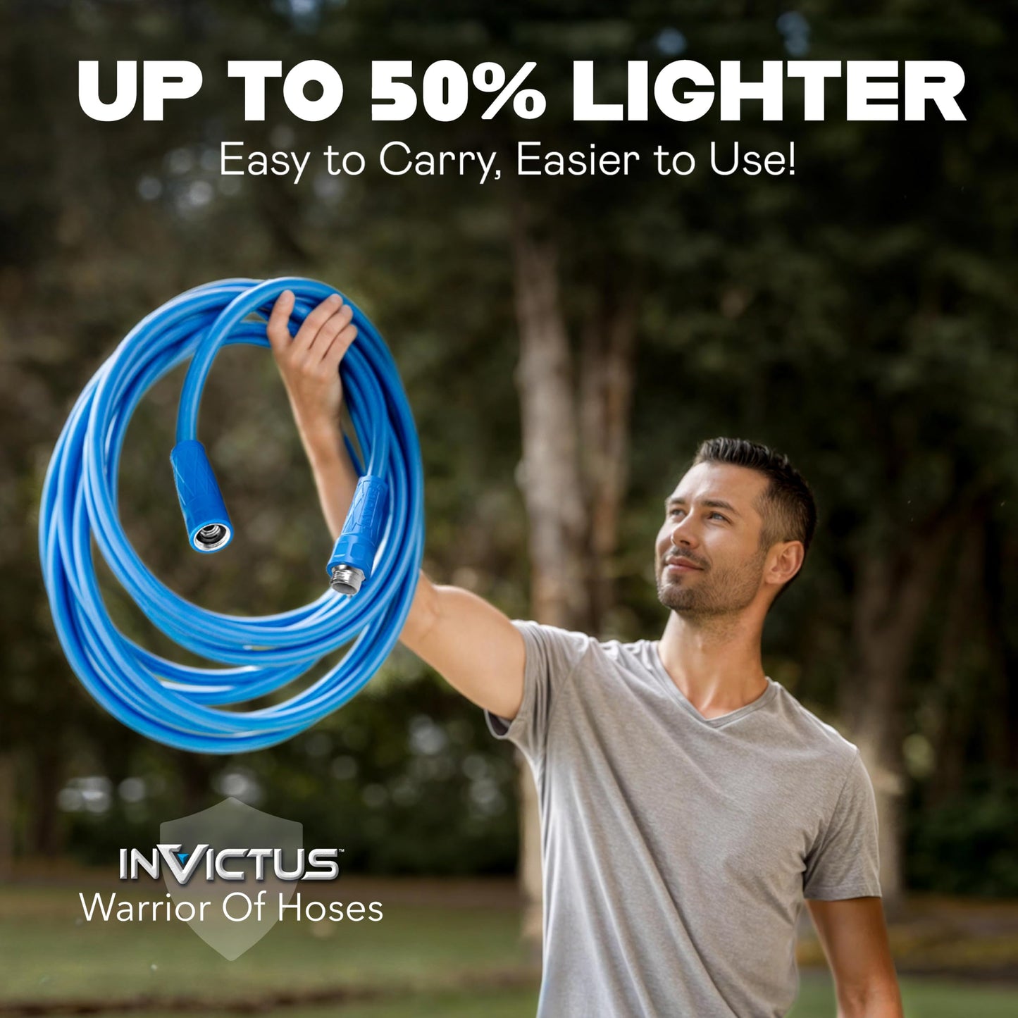 Invictus 50Ft Garden Hose with Nozzle, Premium Heavy Duty Drinking Water Hose 50 Ft, Lightweight, Reinforced 2-Layer Strength, Kink Free, Easy Connect Crush Resistant Fittings, Flexible, 400 PSI