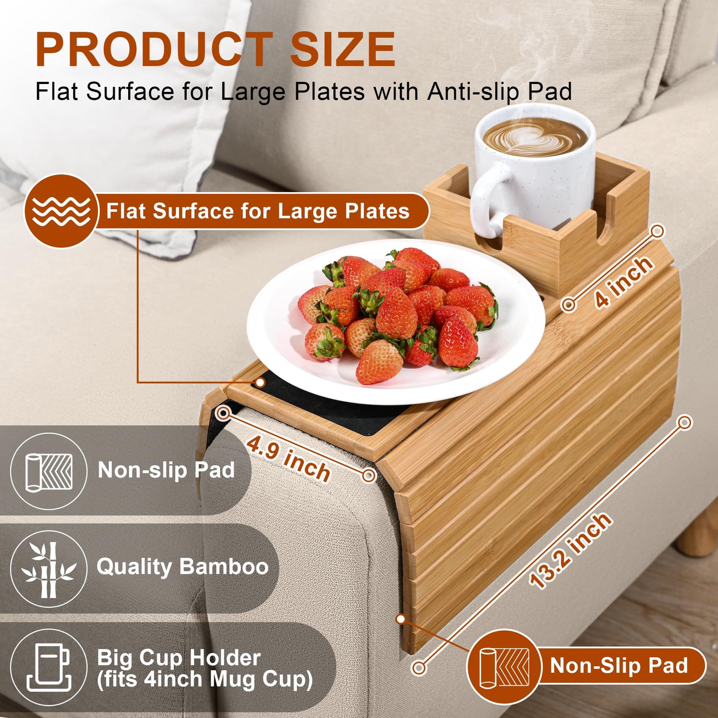 Joy&Grace Sofa Armrest Tray with Large Mug Holder, Bamboo Couch Arm Tray, Anti-Slip Couch Cup Holder Foldable Sofa Arm Table for Eating Drinks Cellphone (Color Natural)