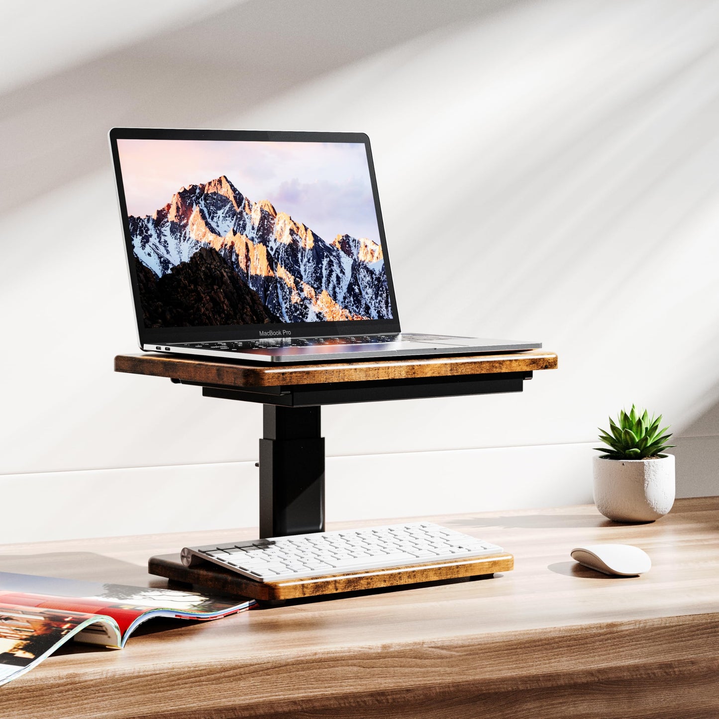 Fydeamer Adjustable Monitor Stand with Storage Drawer - Wooden Monitor Riser for Desk, Ergonomic Computer Stand for Laptop PC, Height Adjustable from 5.9 to 8.07 Inches, Walnut