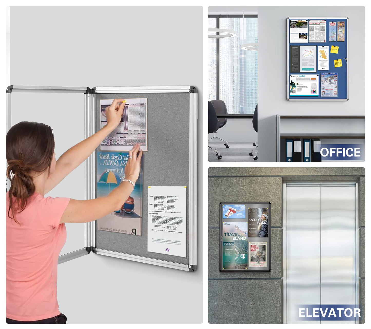 SWANCROWN Enclosed Bulletin Board Lockable Noticeboard Case with Aluminium Frame,Grey Felt, 20x14inch (2xA4)