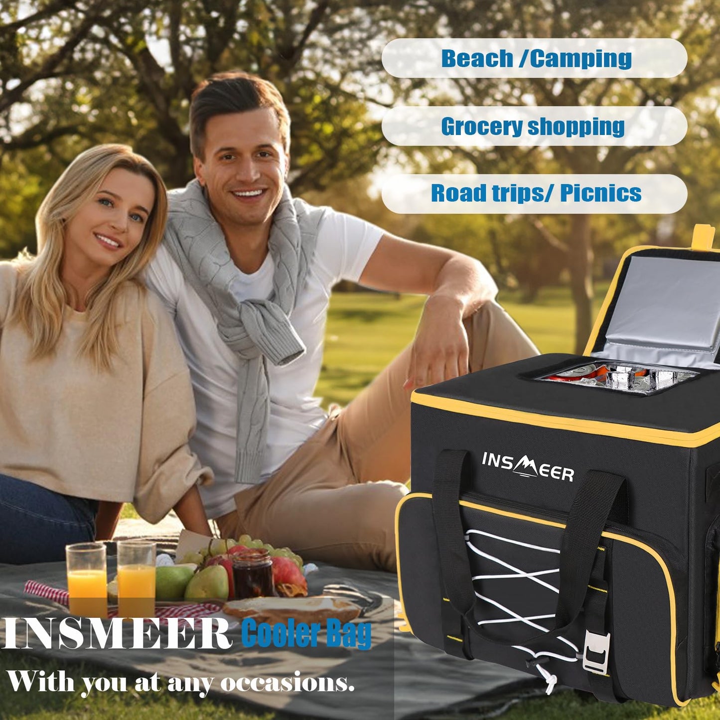 INSMEER 55 Cans/45L Large Soft Side Cooler with Hard-Bottom 100% Leak-Proof/Portable/Insulated/Collapsible Lunch Cooler Bag/glaciere for Camping,Beach,Picnic,Grocery Shopping,Road Trip