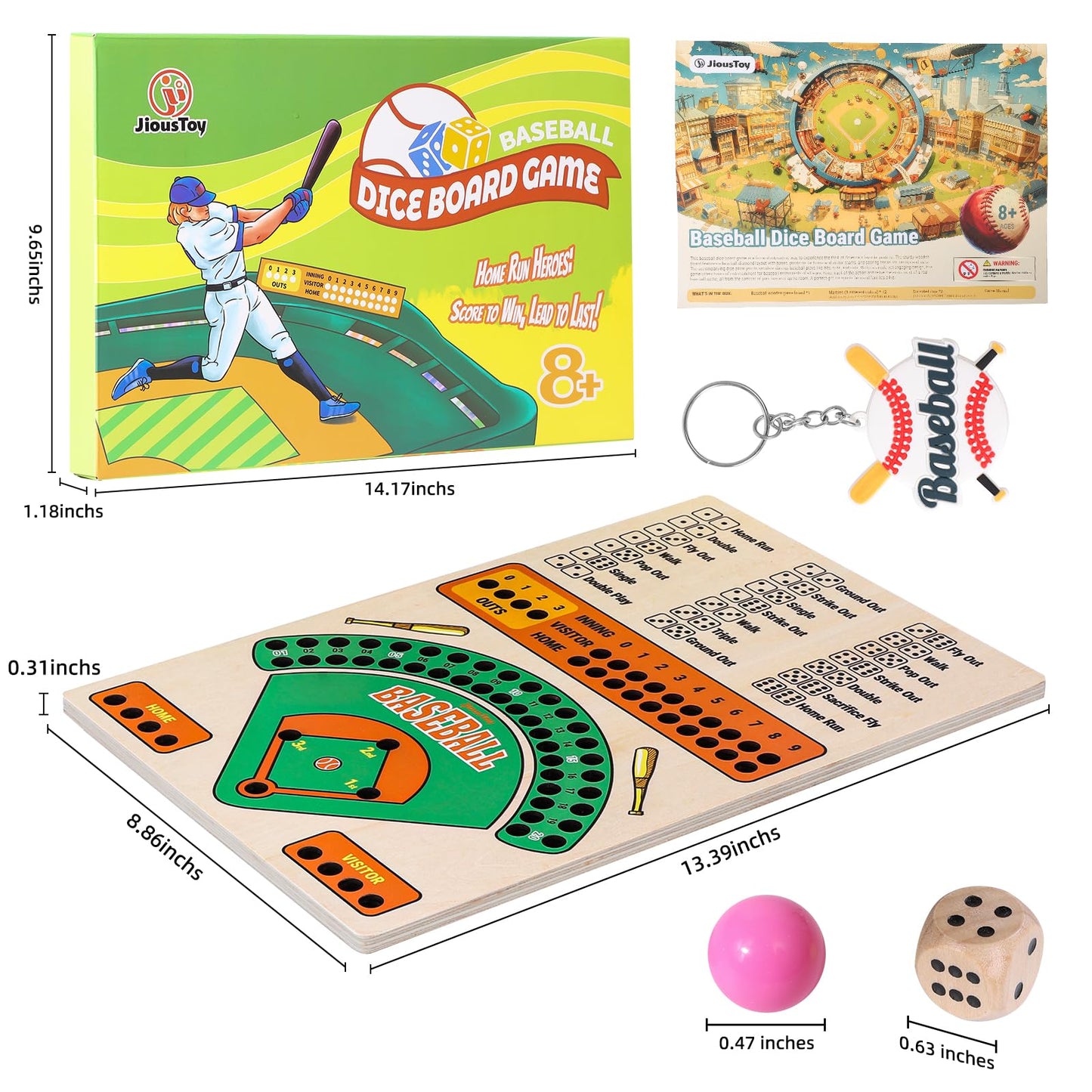 Jioustoy - Baseball Board Game, Wooden Dice Game with Marbles, Baseball Travel Game and Indoor Board Game for Camping, Family Gatherings, Baseball Gift for Teens and
