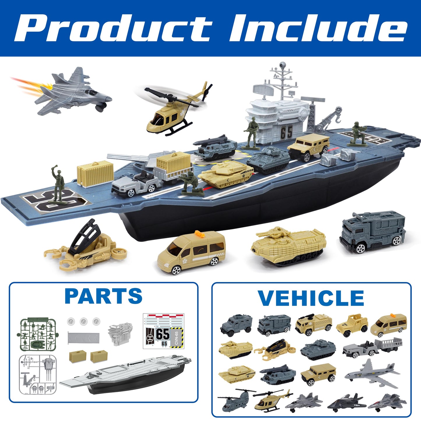 28 Inches Military Aircraft Carrier Toys, Army Toys Playset with 18 Vehicles, Battleship Tank Airplane Helicopter Fighter Jets and Army Men Action Figures for Boys Girls Imaginary Pretend Play