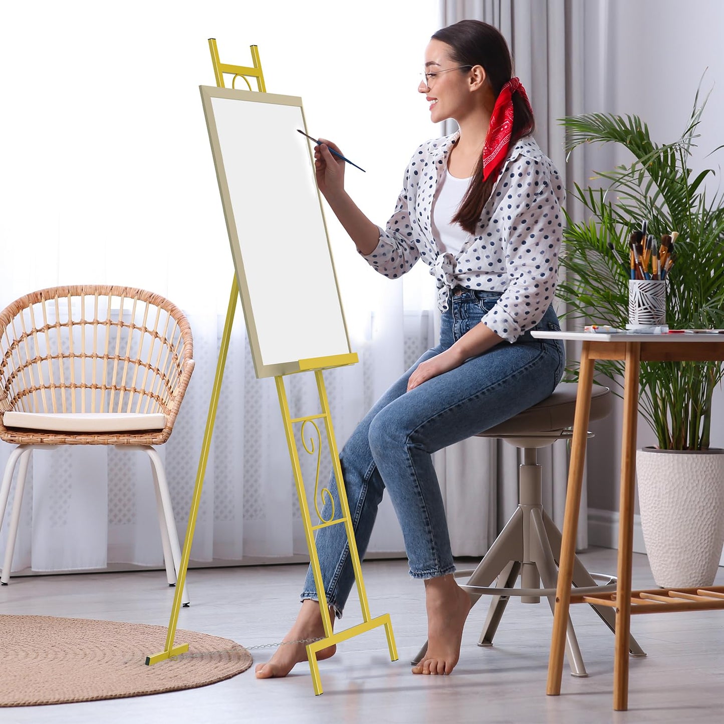 Skcoipsra 58IN Gold Easel Stand for Sign, 3 Tier Adjustable Larger Wedding Welcome Sign Holder, Art Poster Display Stand Free Standing with Chain, 17x17x58 Inch