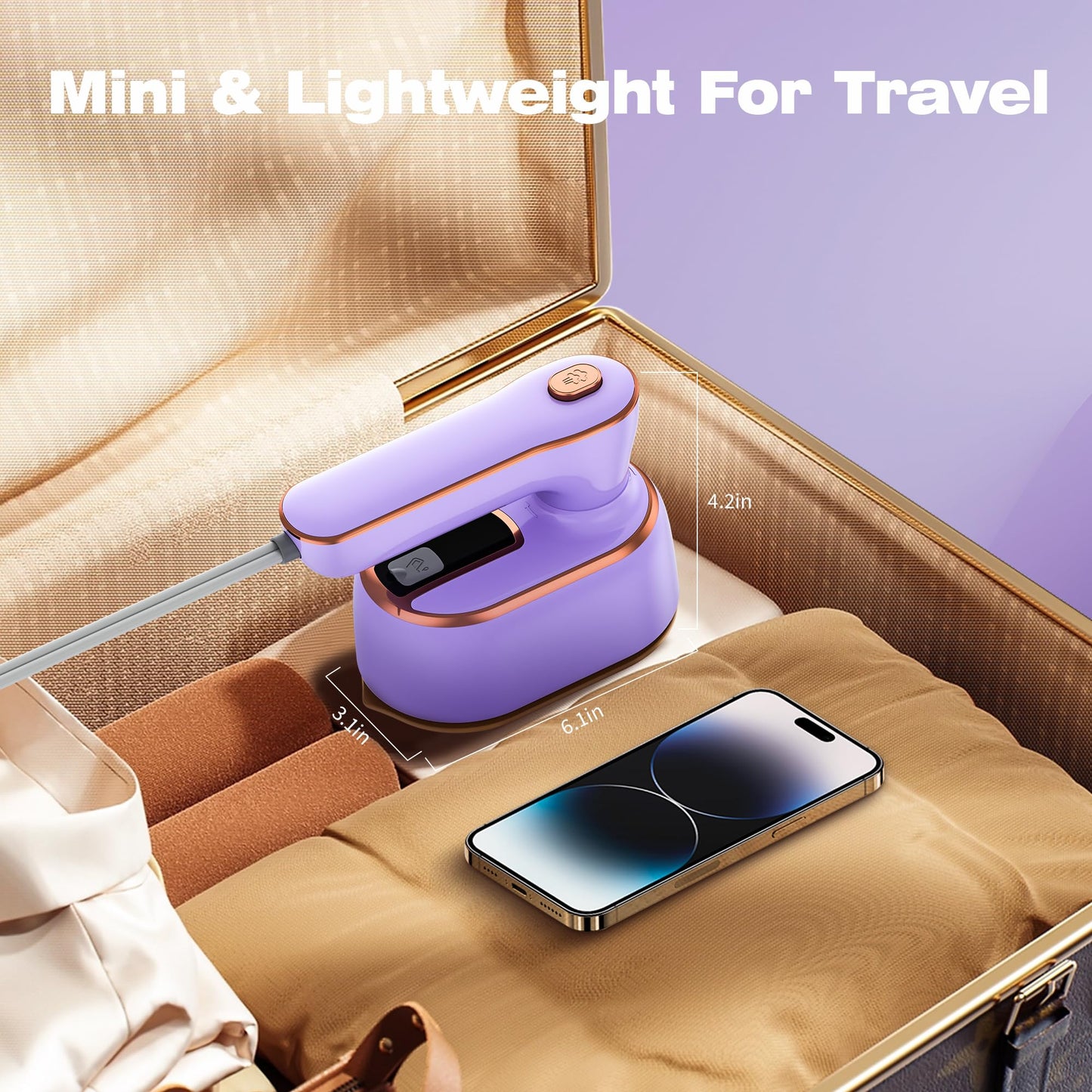 Portable Travel Steamer for Clothes, 2 in 1 Small Spray, 180° Rotating Handle, Lightweight, Quick-Heating, Easy to Use (Purple)