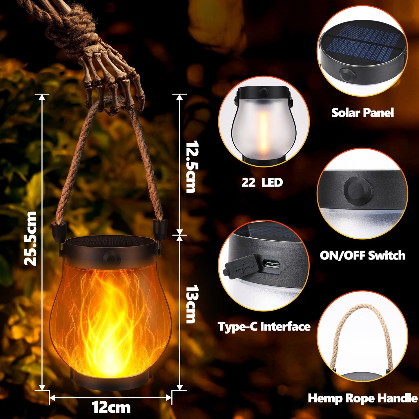 iBaycon 2 Pack Solar Lanterns Lights, Halloween Flickering Flame Garden Lights with 2 Modes Dual Charging USB & Solar, Outdoor Waterproof Hanging Lantern for Party Holiday Halloween Decor (Warm White)