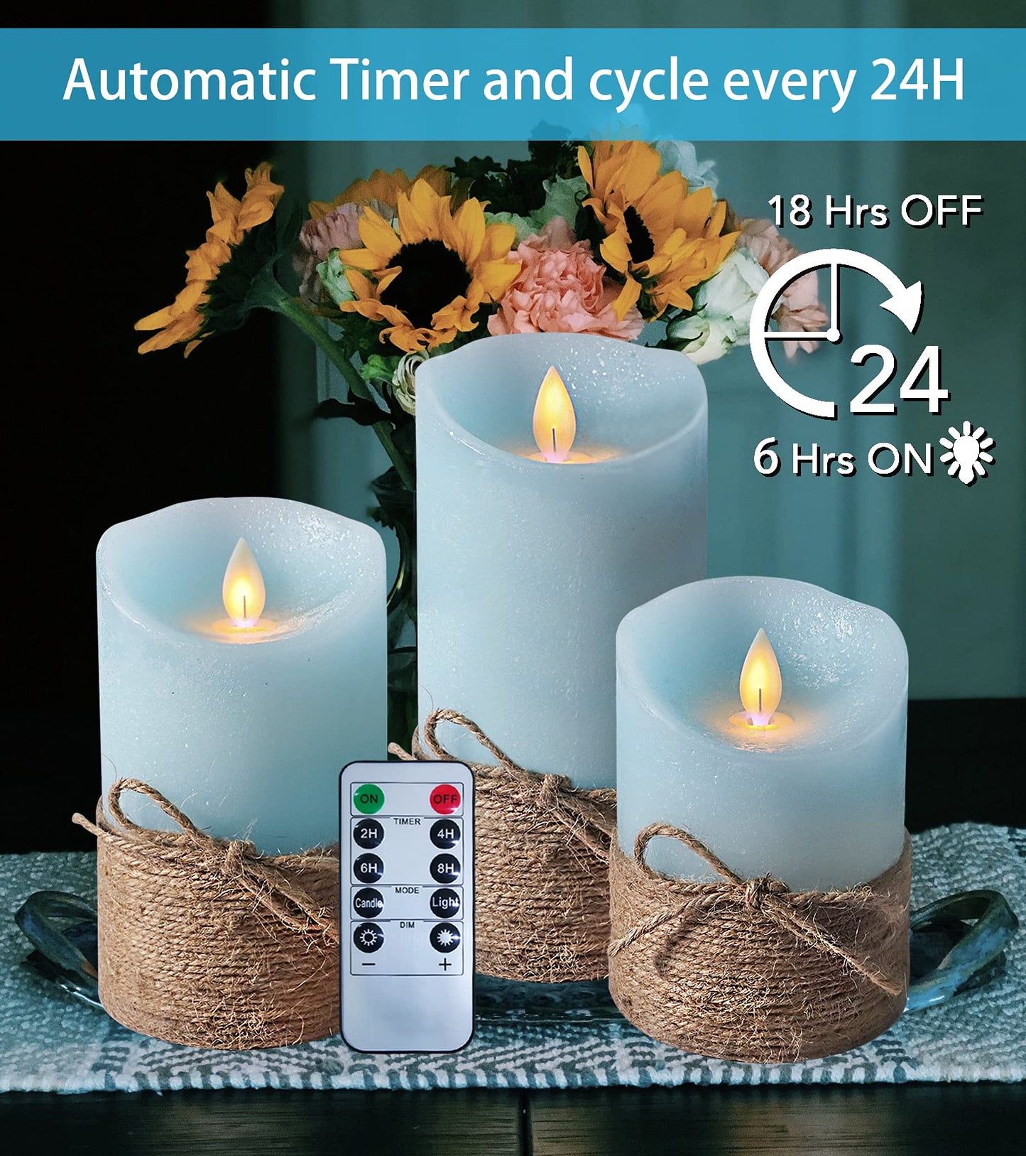 PETRISTRIKE Ocean Blue Flameless Candles, Nautical Themed Led Pillar Candles with Remote & Timer, Decorative Flickering Candles for Gifts, Party, Wedding, Home Decorations - Set of 3