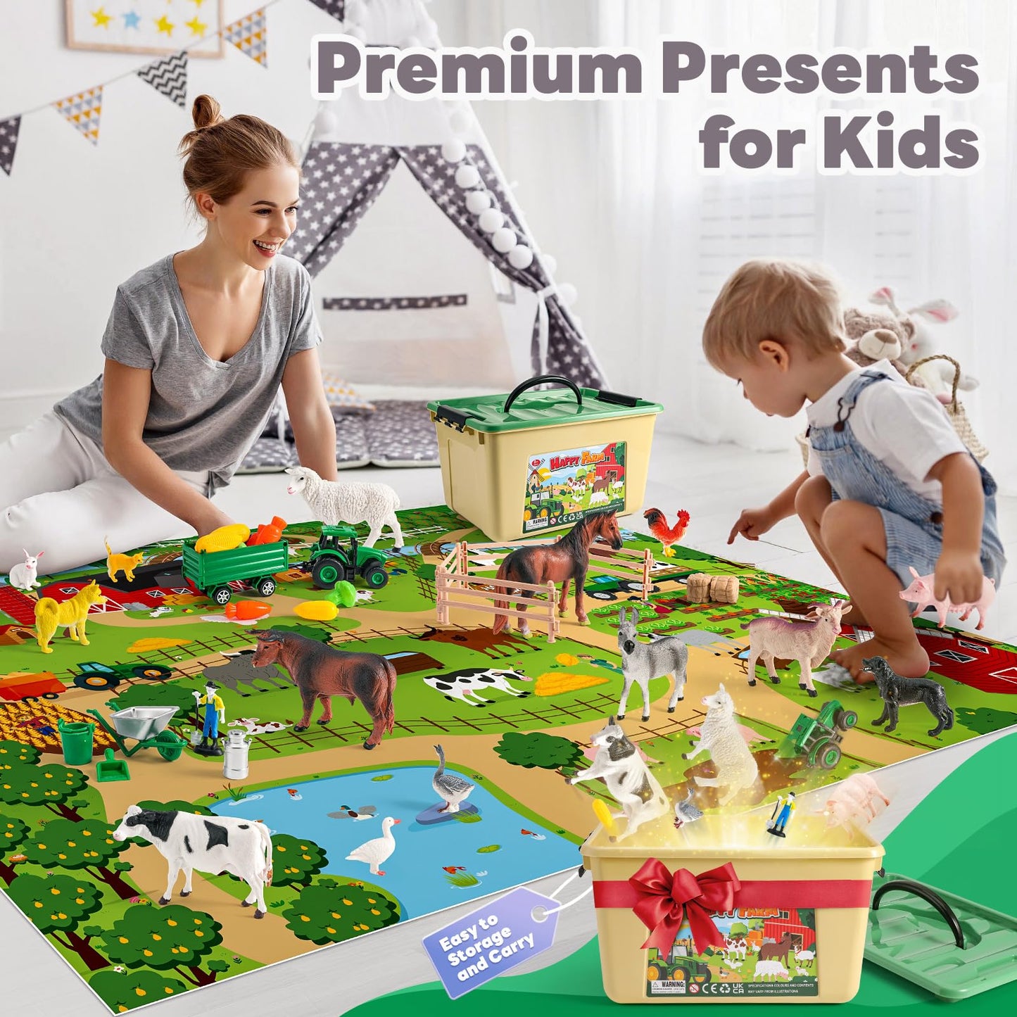 WAIIW Farm Animal Toys for Toddlers,38 PCS Realistic Animal Figurines Toys with 47.2”x31.4”Large Activity Play Mat and Tractor Toy,Farm Playset Educational Learning Toys for Toddlers Kids 3-5