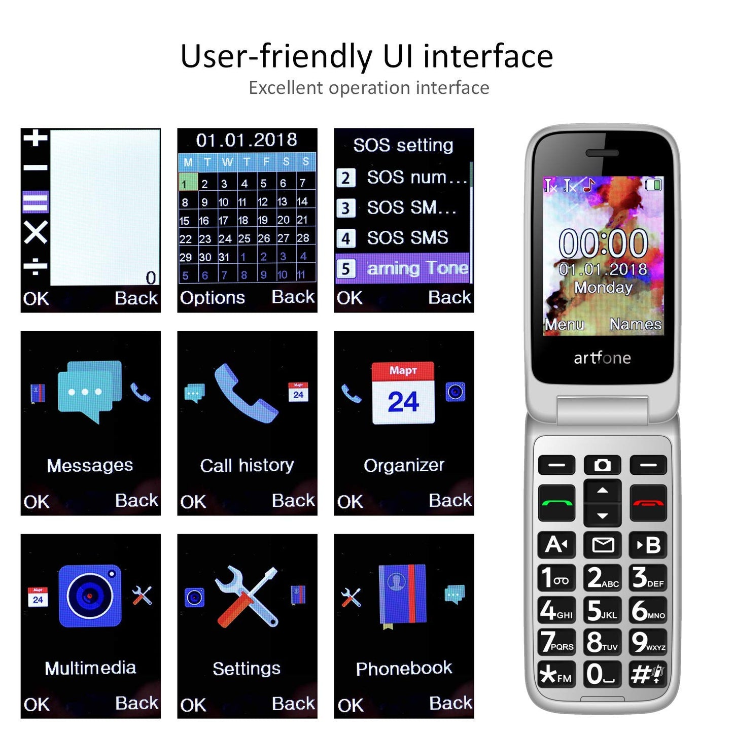 artfone 4G Volte Unlocked Flip Cell Phones Canada Mobile Phone for Seniors with SOS Button 2.4" Display Loud Volume USB-C &Dock Charging Talking Numbers 1200mah Battery FM Radio Torch Grey