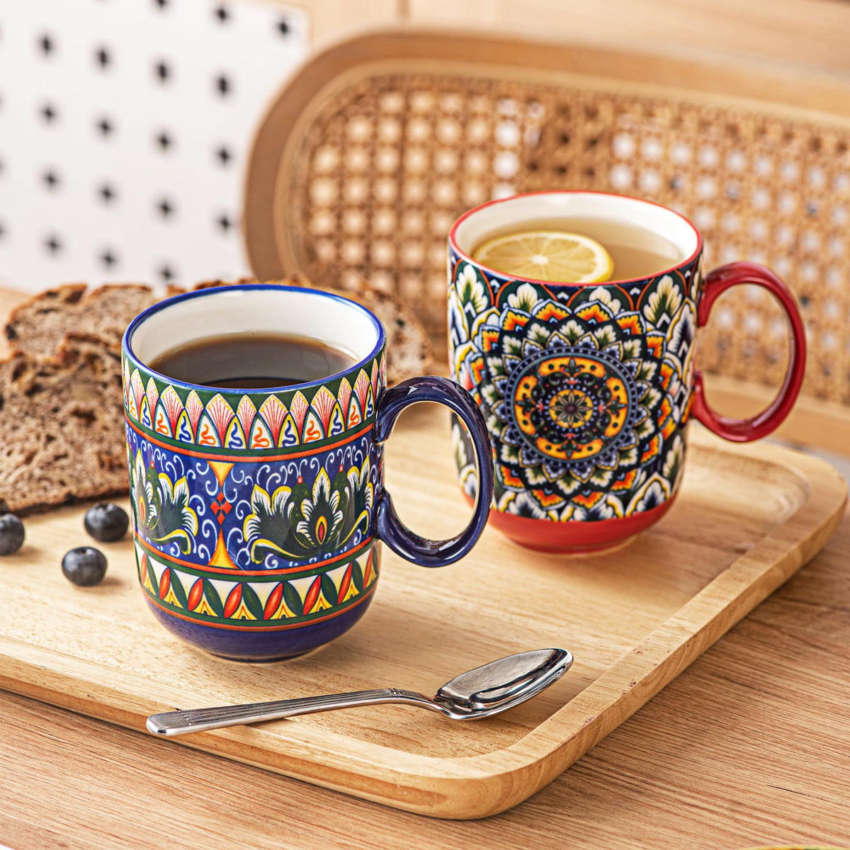 Henten Home Porcelain Coffee Mug Set of 6, 14 oz Colorful Latte Cup with Handle, Boho Ceramci Mug for Hot Chocolate, Milk, Tea, Cappuccino, Cocoa, Microwave & Dishwasher Safe