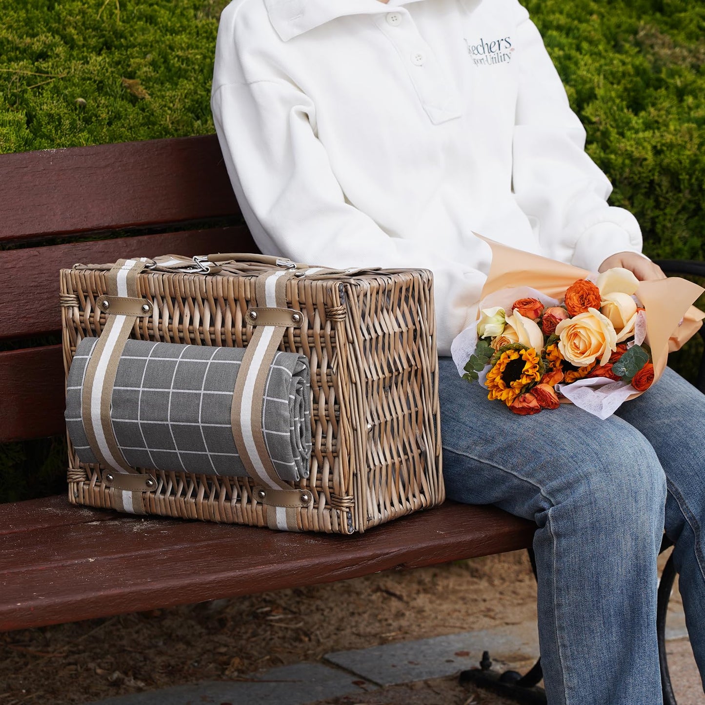 Wicker Picnic Basket for 2 - Willow Basket with Waterproof Picnic Blanket | Willow Picnic Set with Insulated Cooler | Wicker Hamper with Cutlery Kit | Gift Basket for Christmas, Thanks Giving, Grey
