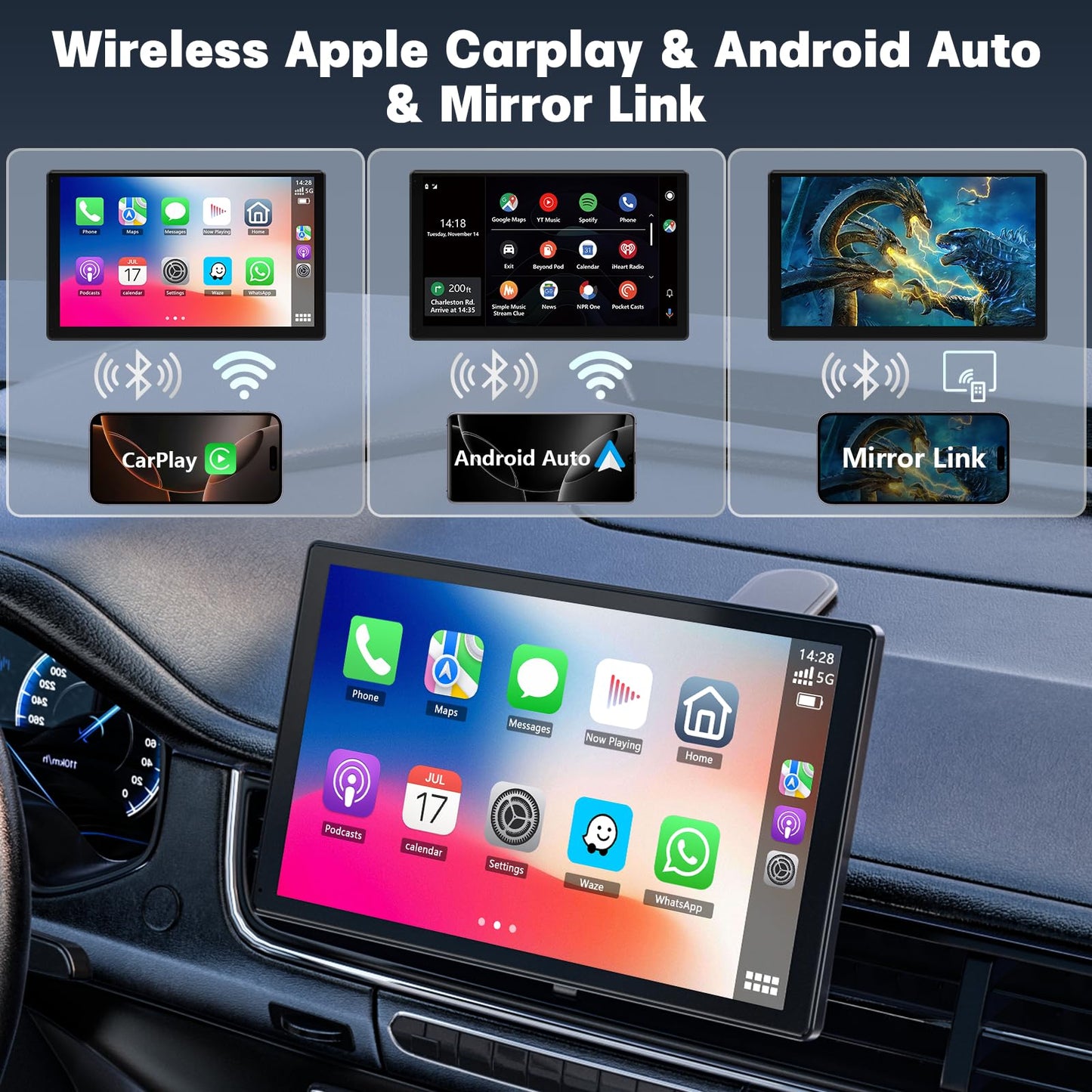 9'' Carplay Screen for Car, Wireless Carplay & Android Auto, Rotatable Car Play Screen with 1080P Backup Camera, Android Auto Screen with Mirror Link, Bluetooth, GPS Navigation, Voice Assistant