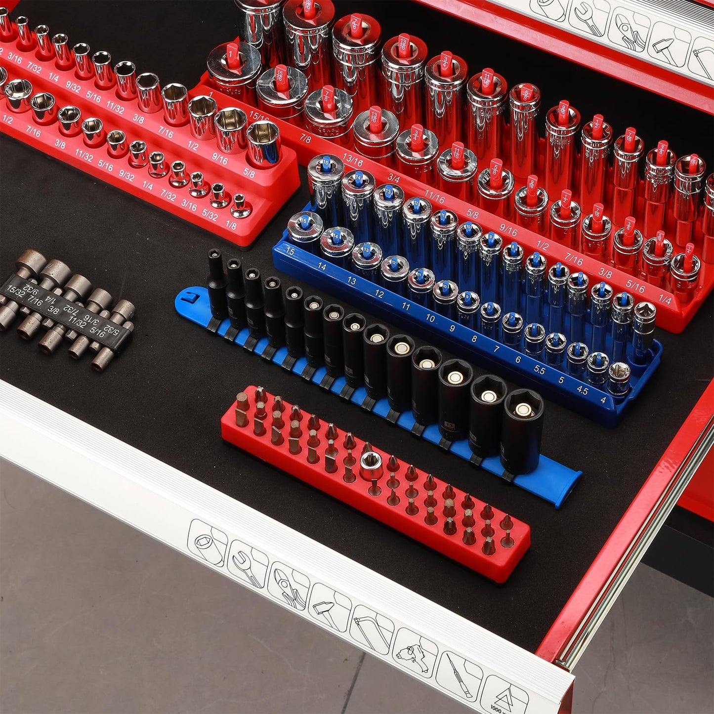 MIXPOWER 1/4" Drive Deep Magnetic Impact Socket Set with Storage Rails, 14-Piece, 6 Point, 4-15mm, Metric, CR-MO