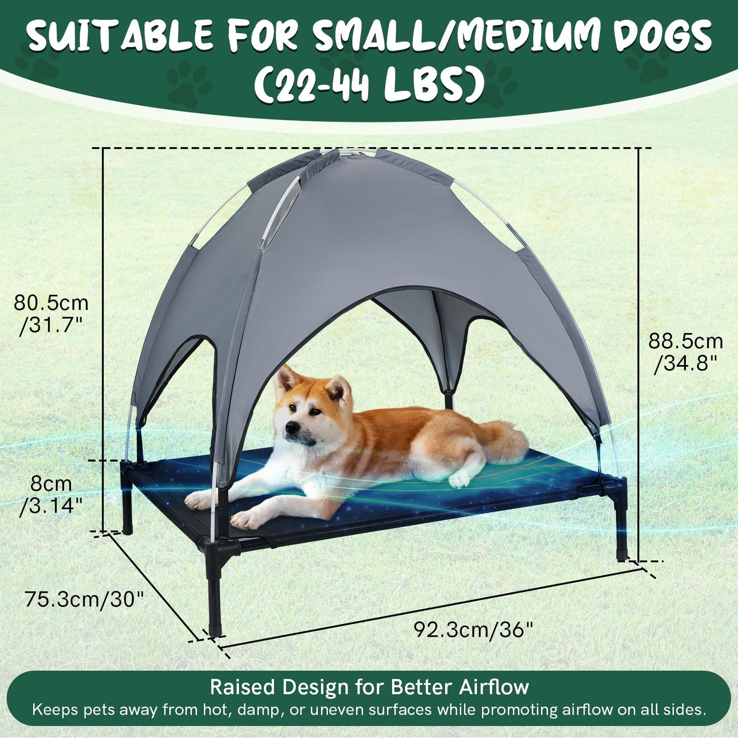 MYFULLY Elevated Dog Bed with Removable Sun Shade Canopy Portable Outdoor Pet Cot for Small and Medium Breeds, Waterproof Elevated Dog Bed for Camping, Backyard or Indoor Use