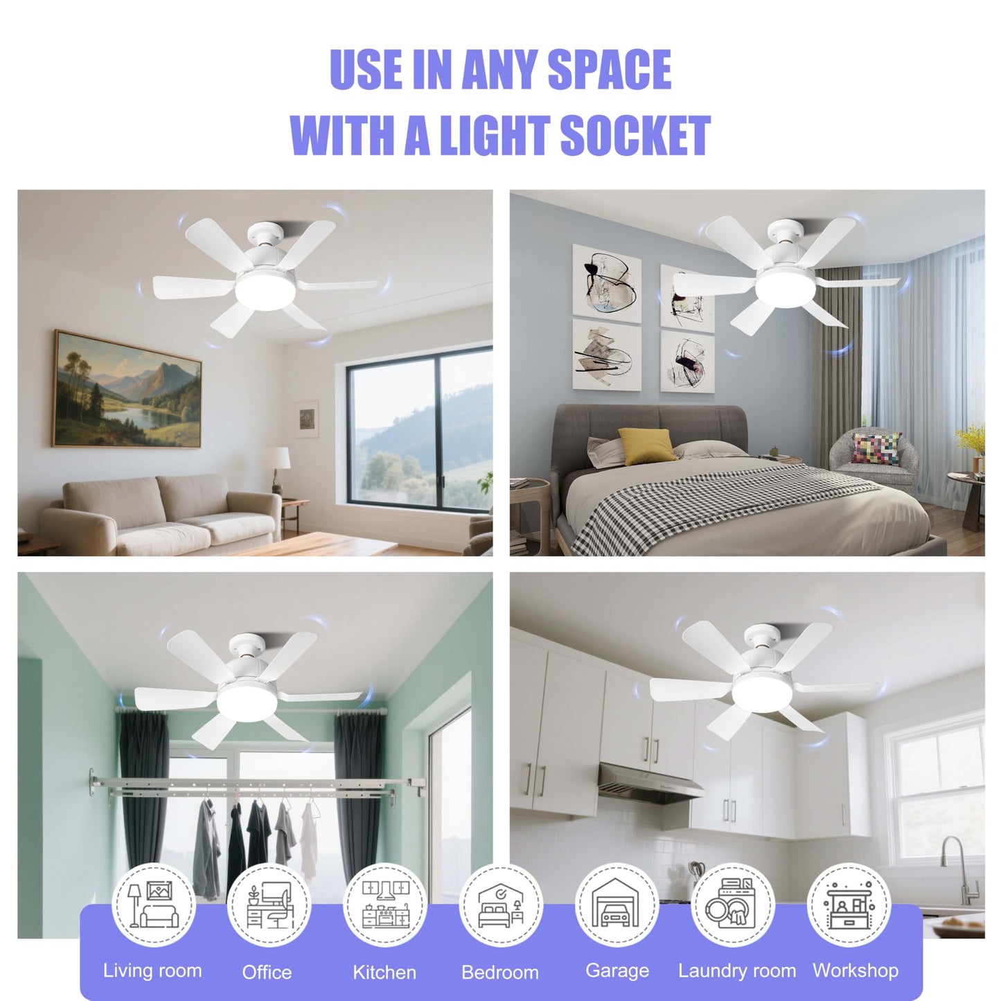 Modern 6-Blade White Socket Ceiling Fan with LED Light, 3-Speed Remote Control,E26 Base Tool-Free Install, 18.11 inches Diameter, Quiet DC Motor for Bedrooms, Kitchens & Living Rooms
