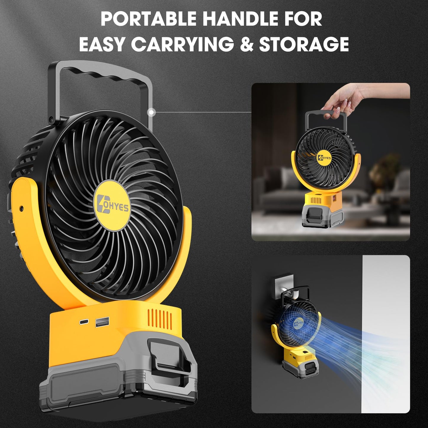 Jobsite Fan Fit For DeWALT 20V Max Battery Brushless Motor With USB A+C Fast Charging For Camping Workshop and Construction Site(Battery not included)