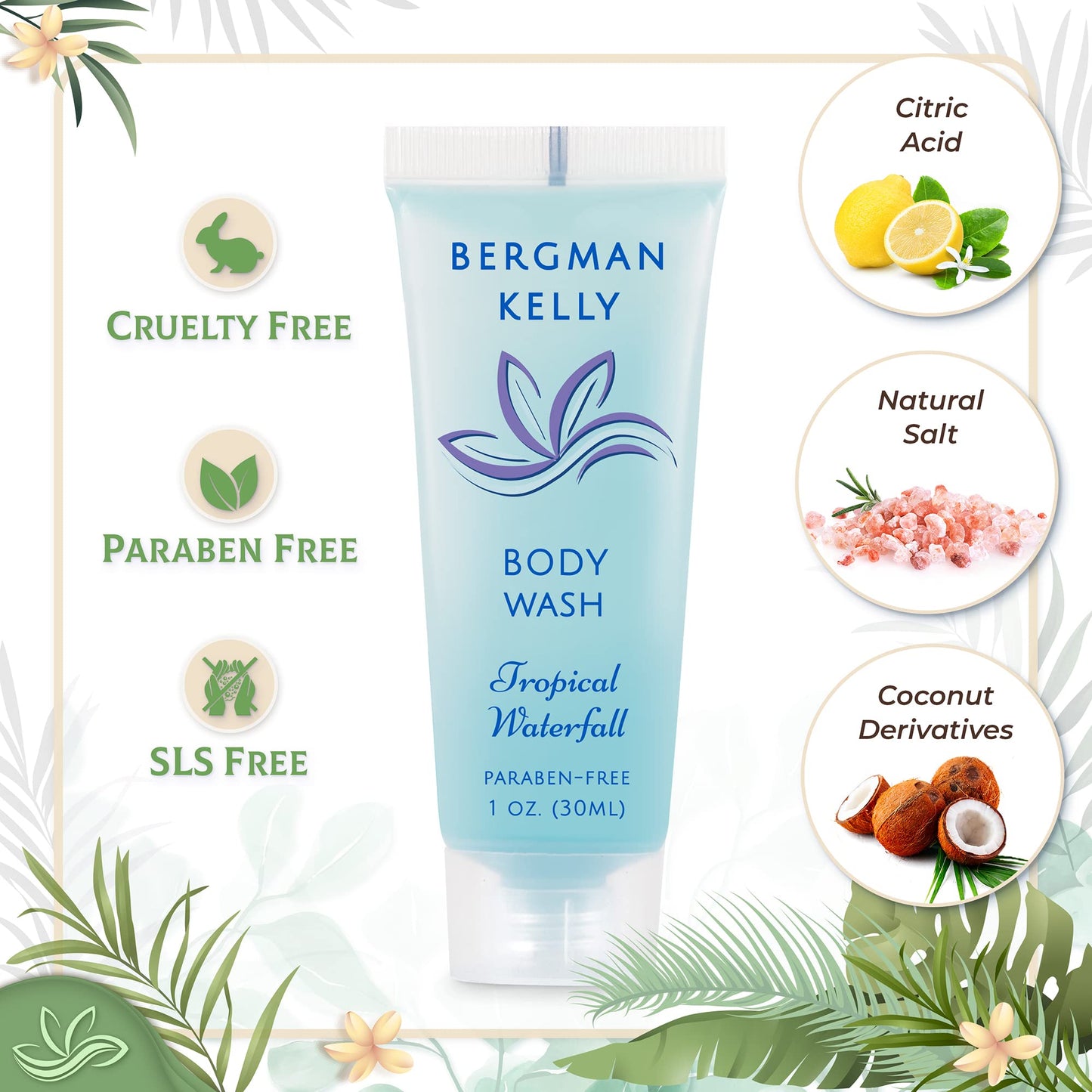 Bergman Kelly - Travel Size Body Wash - 30 ml, 200 PK, Tropical Waterfall - Delight Guests with an Invigorating and Refreshing Hotel Body Wash - Mini and Small Size Guest Hotel Toiletries in Bulk
