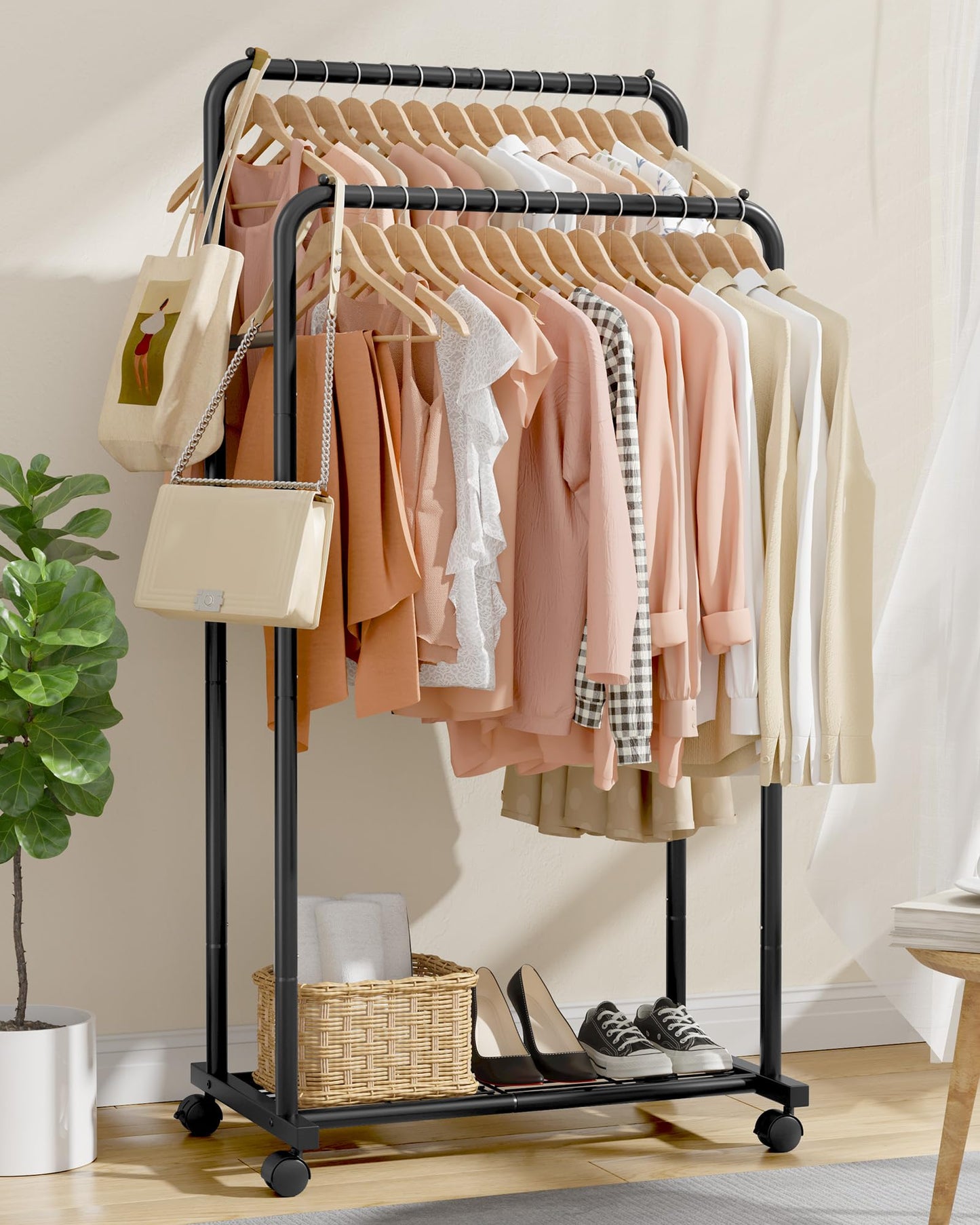 Sakugi Clothing Rack - Movable Multi-Functional Coat Rack with 4 Universal Wheels, Long-Lasting Metal Clothes Rack with Extra Storage Shelf for Bedroom, Office, Laundry(Black, 73W x 42D x 150H cm)