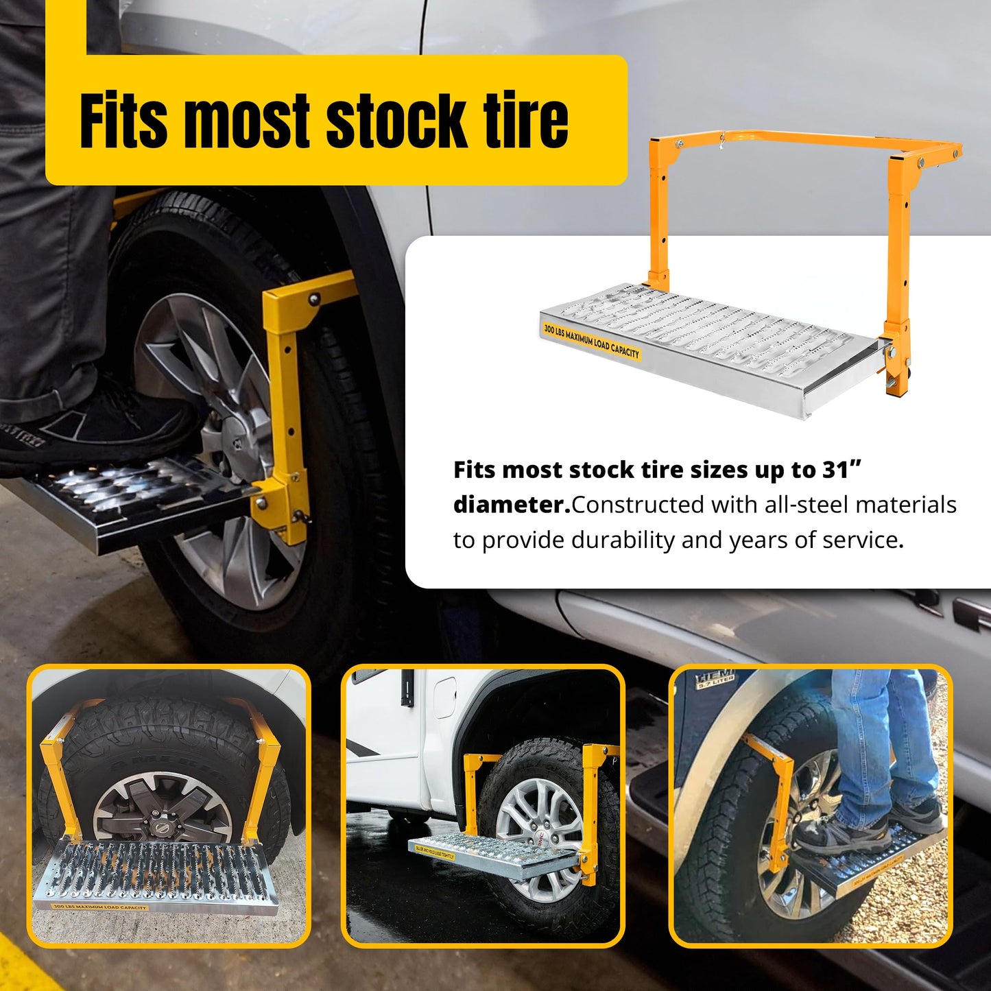 MAXXHAUL 50694 21-1/2" x 7.3" Adjustable Truck Tire Service Step with Non-Slip Platform Foldable 300-lb Capacity