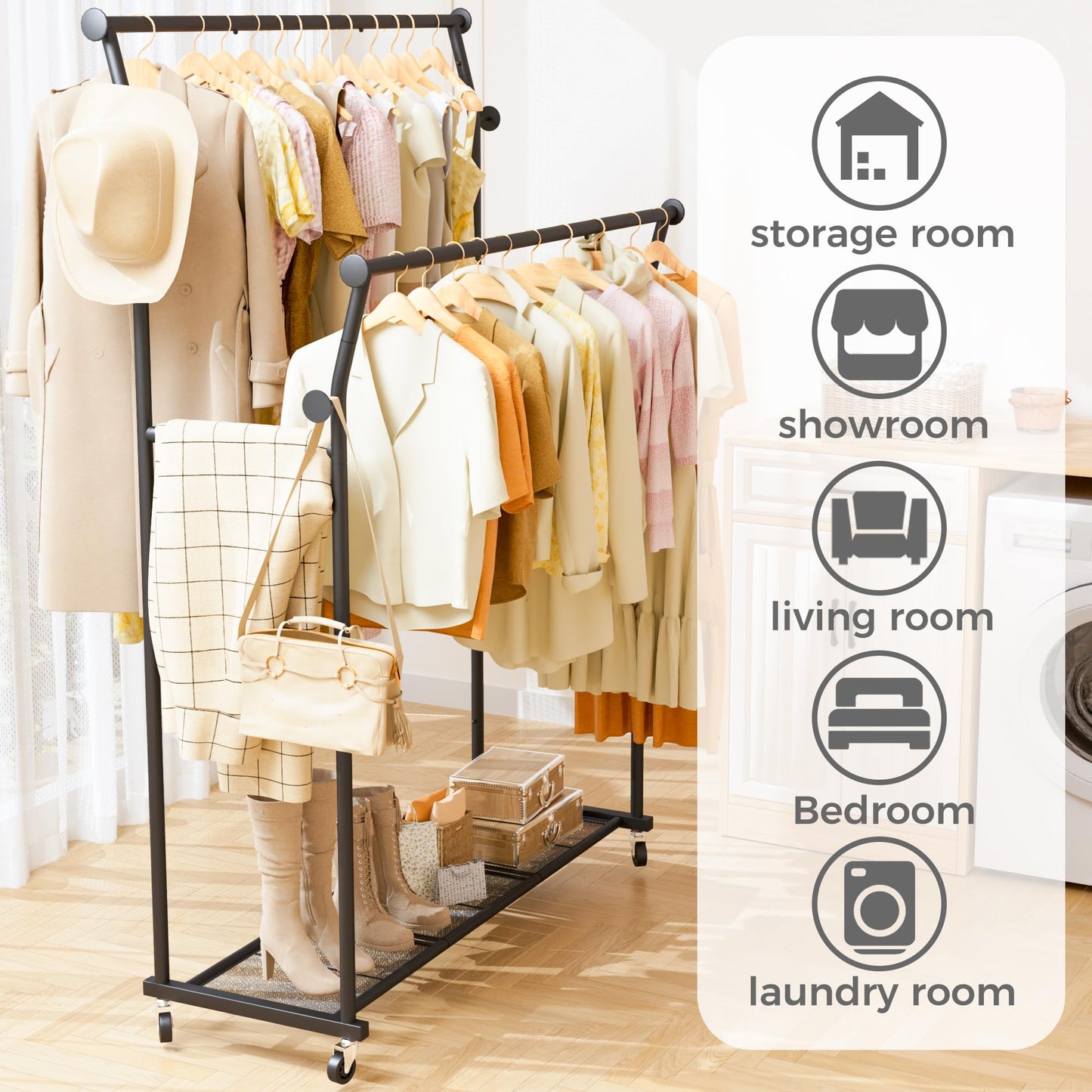 Double Rods Clothes Rack, Rolling Clothing Rack for Hanging Clothes with Hooks&Mesh Shelf, Portable Wardrobe Rack, Metal Coat Rack Sturdy Garment Rack for Bedroom Laundry Living Room Storage, Black