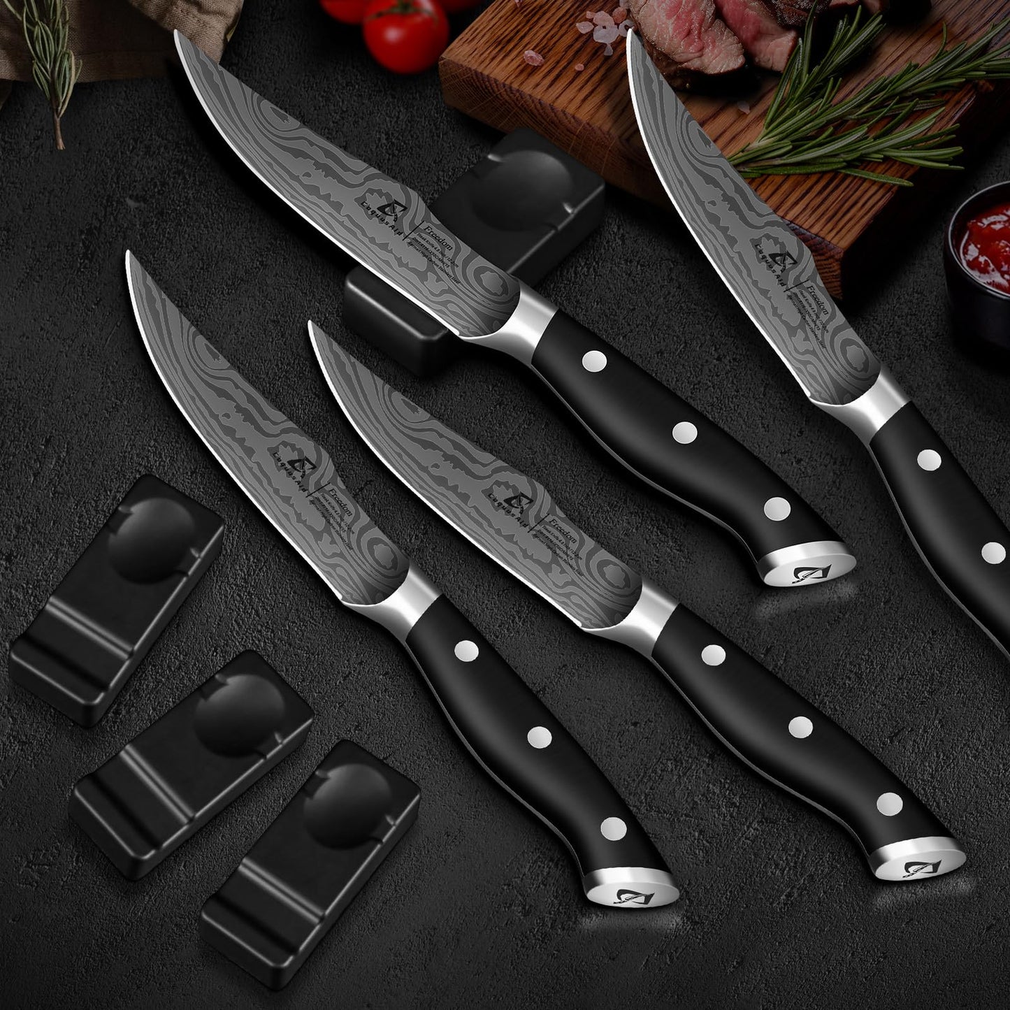 CoquusAid Steak Knives Set of 8, 4.8 Inch Straight Edge Ultra Sharp Durable Meat knives With Rest, High Carbon Stainless Steel Damascus Pattern Triple Rivet Handle, Ideal for Home Restaurant Party