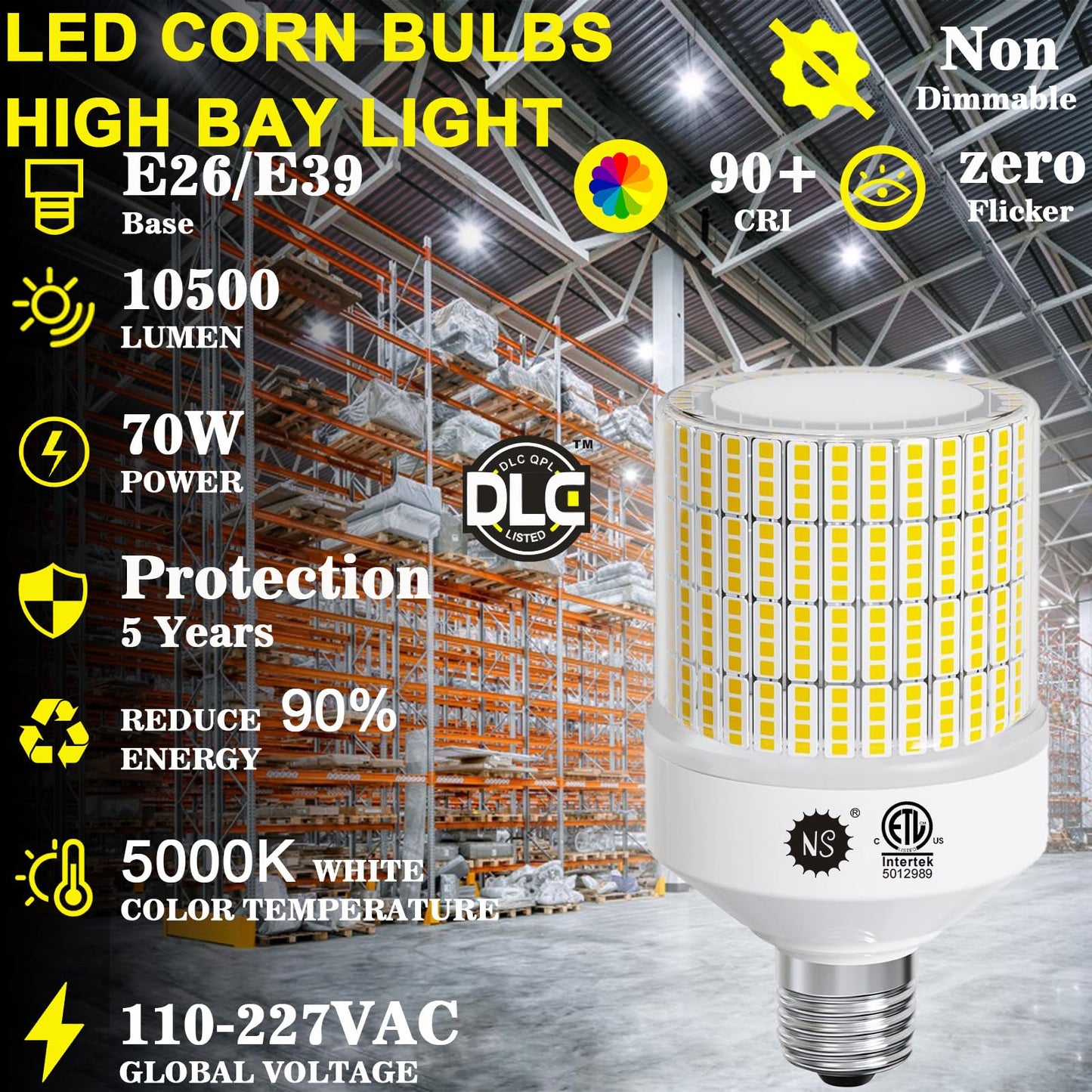 700W Equivalent 10500LM Corn Bulbs (1-Set) - 90% Energy Saving, IP65 Waterproof, 70W E26/E39, 5000K Daylight, Warehouse Light, ETL/FCC/ROHS/CE Certified, Not Dimmable