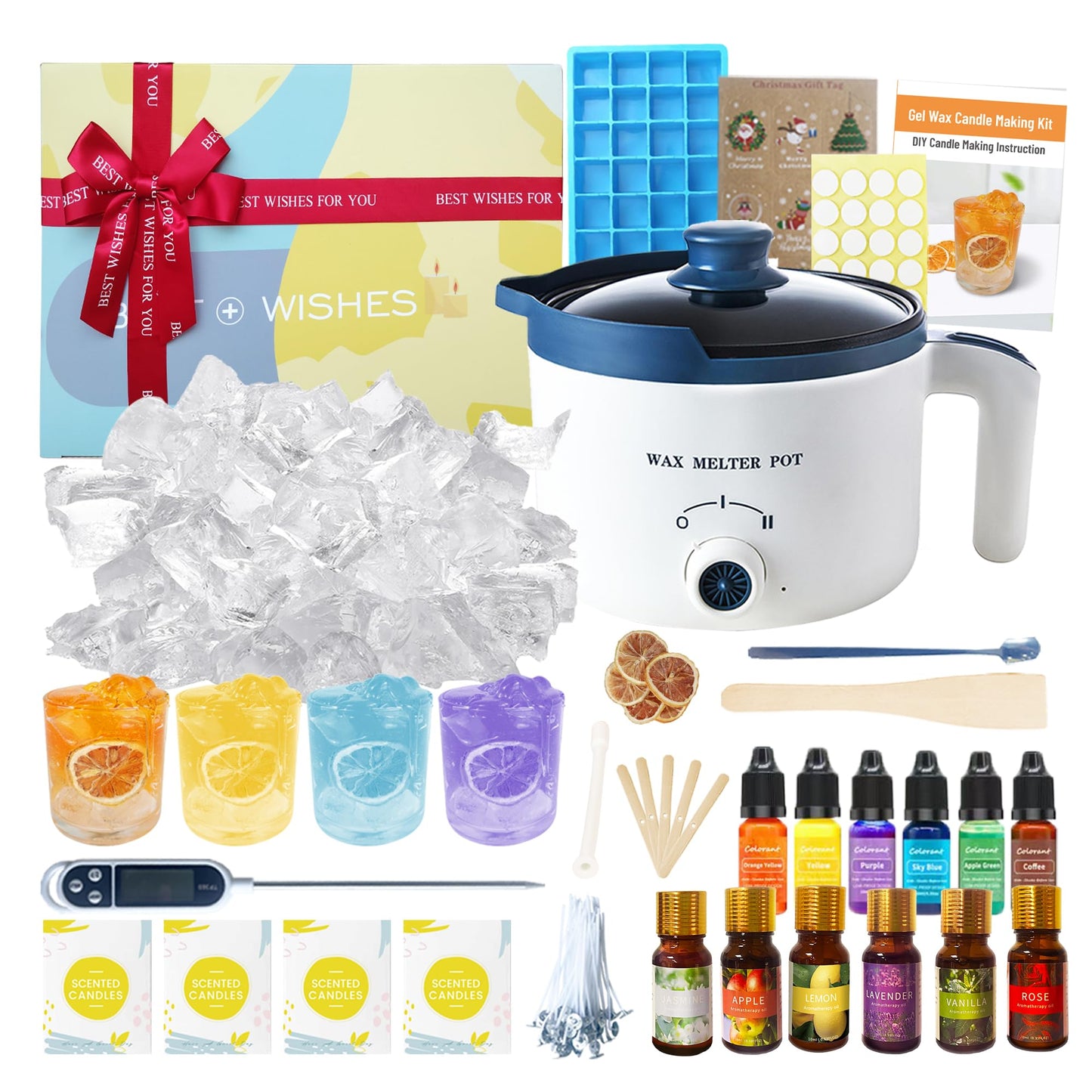 Gel Wax Candle Making Kit for Adult, DIY Clear Jelly Wax Melts Kit with Electric Candle Maker, Jars, Wick, Dyes and Scents