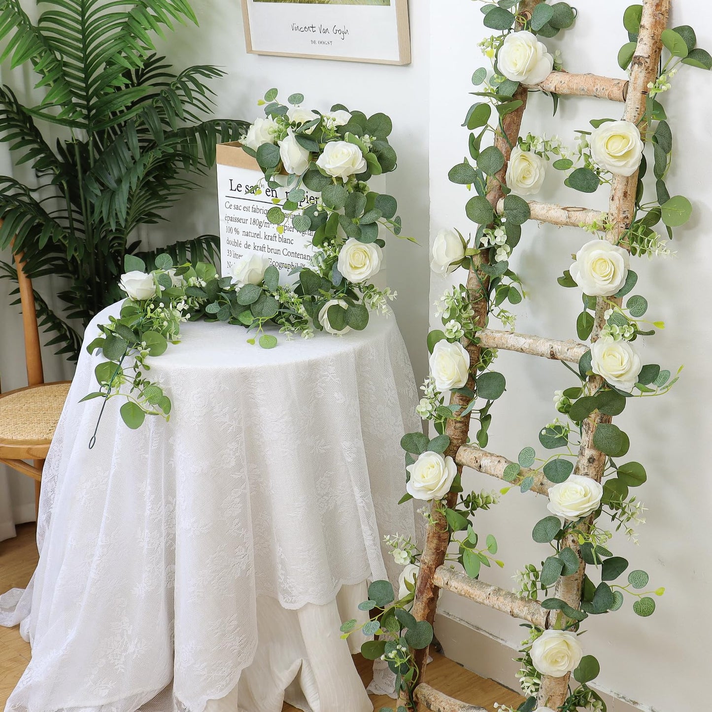 TOCHGREEN 4Pcs(26 Ft) Artificial Eucalyptus Flower Garland with White Rose Flowers,Faux Rose Vine Gypsophila Garland,Floral Garland Greenery Garland for Party Wedding Table Decor (White, 4PCS)