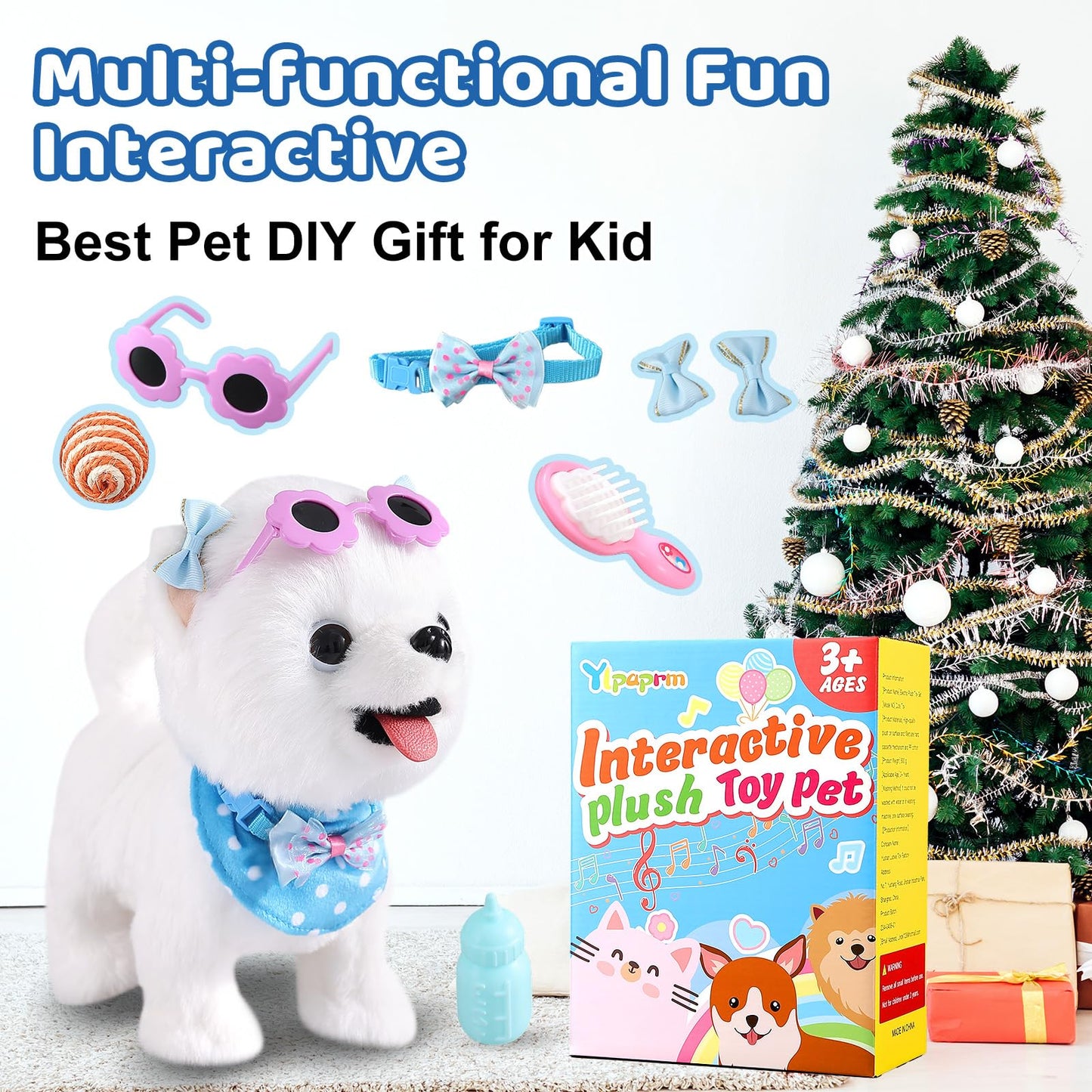 Ylpaprm Samoyed Walking Barking Toy Dog Puppy Toy for Girl Licking Doggy with Leash, Electric Talking Singing Tail Wag Plush DIY Pretend Dress Up Interactive Dog Toddler Kid